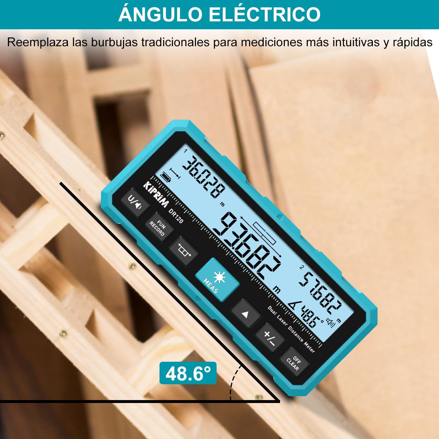 KIPRIM Metro Laser 120m, Telémetro Láser con Doble Haz Bidireccional, Línea Láser Vertical y Nivel Electrónico, Medición en Metros/Pies/Pulgadas, USB-C - DR120