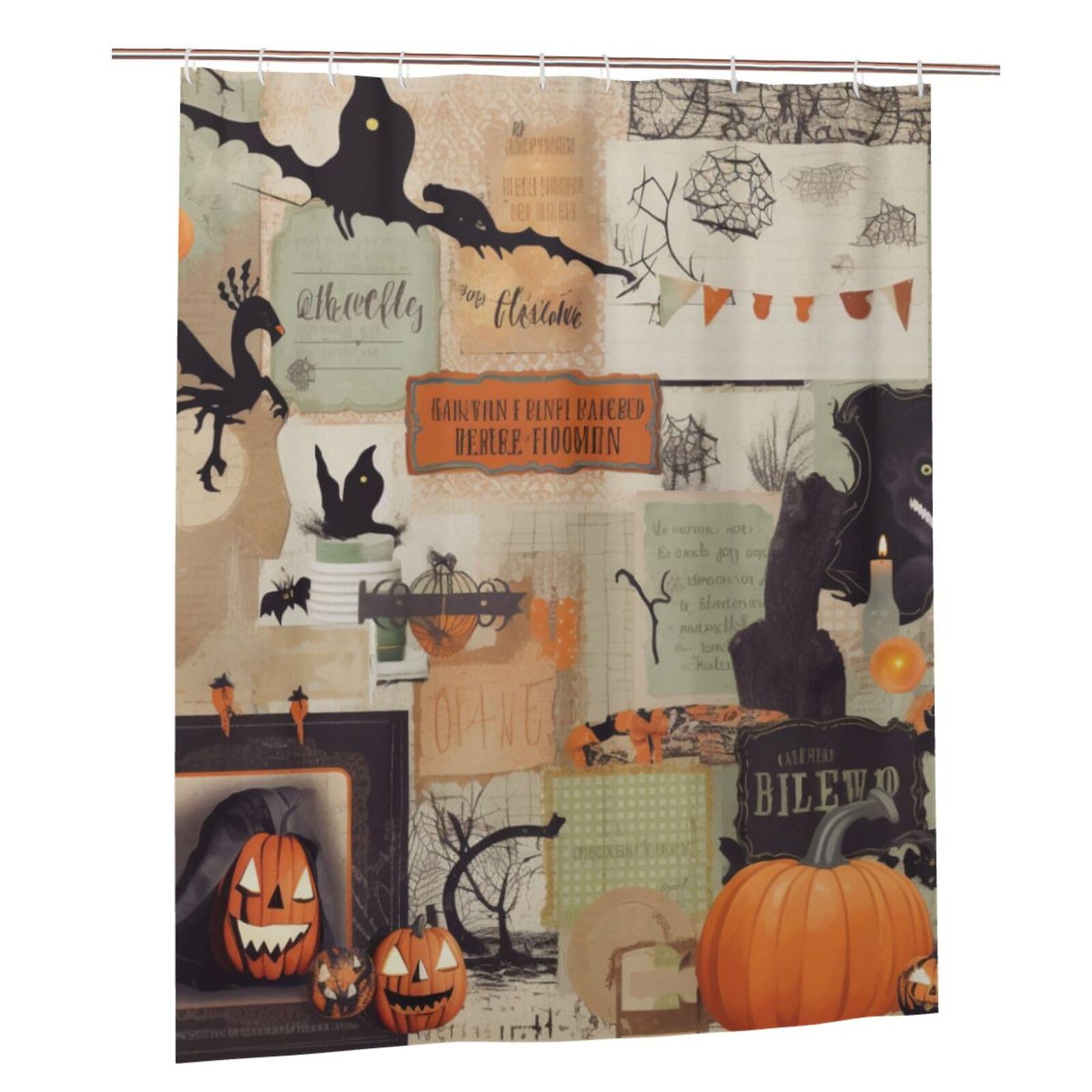 BWWHCCTI Halloween Scrapbook Printed Shower Curtain With 12 Plastic Hooks Opaque Quick Drying Waterproof Shower Curtains Sets For Bathroom 152x183 Cm