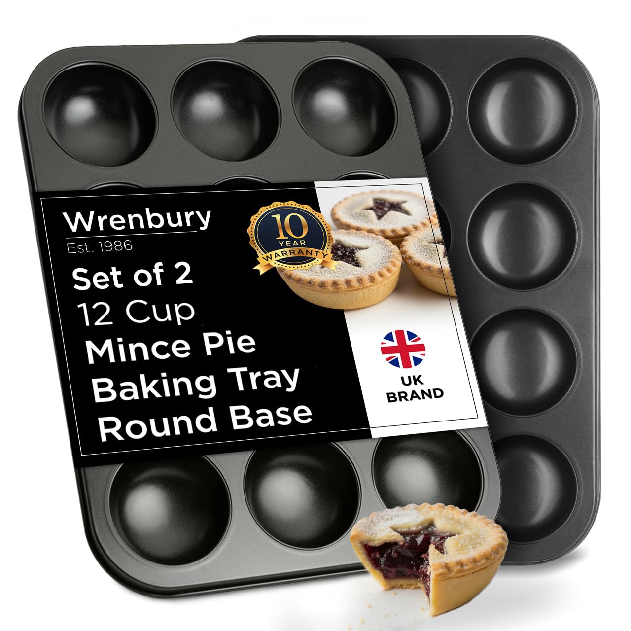 Wrenbury Mince Pie Backblech-Set, flache Marmeladen-Tarte-Backformen, 12 Tassen, handelsübliche Qualität, antihaftbeschichtet, lebensmittelecht, leicht zu reinigen, Pastetentarte-Brötchenform, 2 Stück