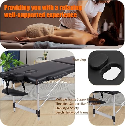 Miniatura 4 de VIRRMO Mesa de masaje portátil, cama de masaje de 84 pulgadas con estirador de cuello, cama de pestañas ajustable, cama de masaje, mesa de tatuaje
