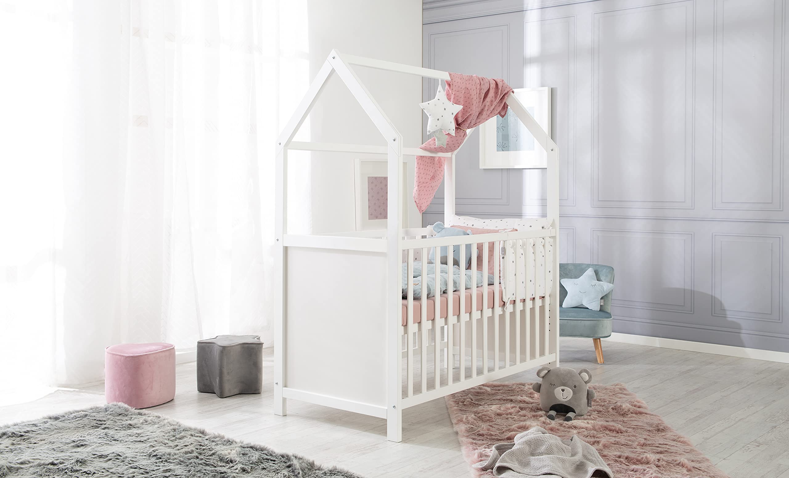 roba Lit Bébé Cabane Évolutif 60x120 - Lit Cododo Convertible en Canapé - Réglable en Hauteur - Blanc