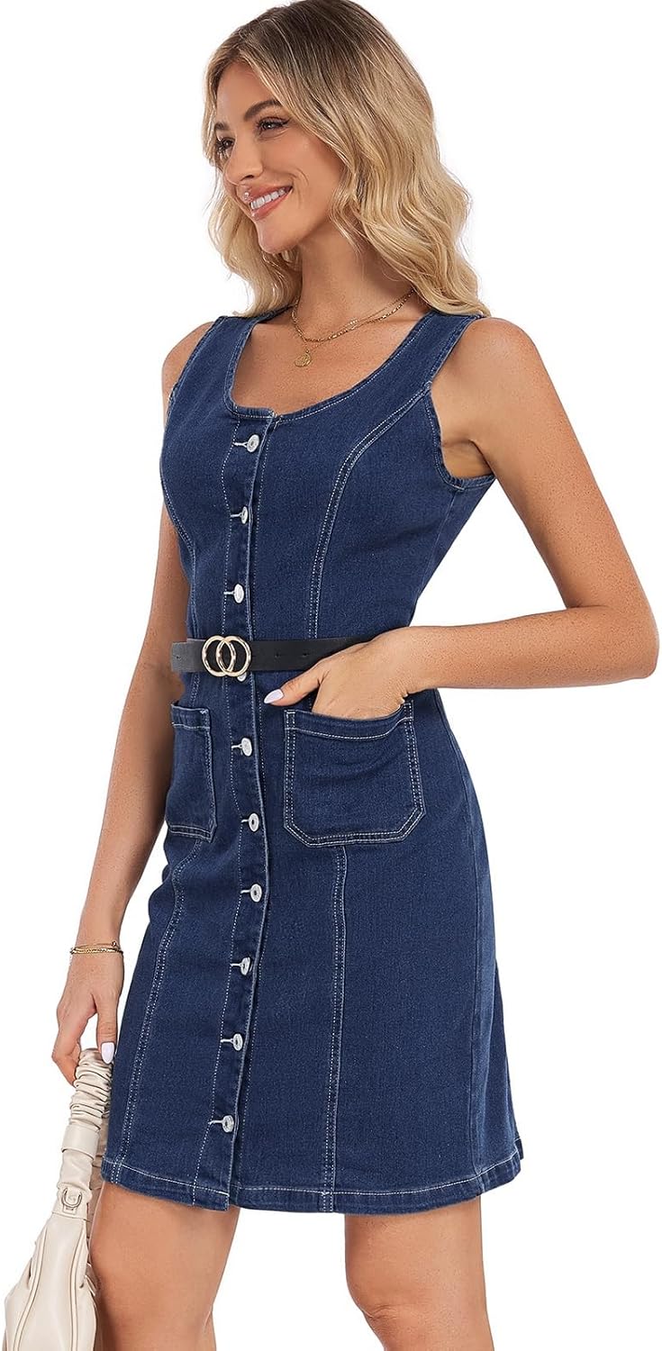 Women's Denim Dress Sleeveless Stretchy Crewneck Vintage Button Down Jean Dresses with Patch Pocket - Image 4