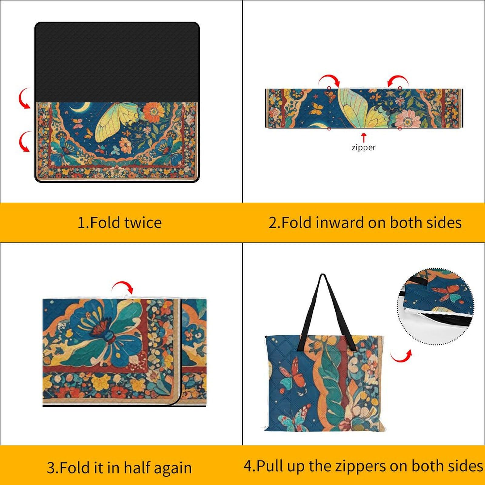 Tapisserie de pique-nique avec motif papillon et fleur, couverture imperméable avec sac fourre-tout, tapis de pique-nique pliable pour camping, plage, parc, 200 x 200 cm