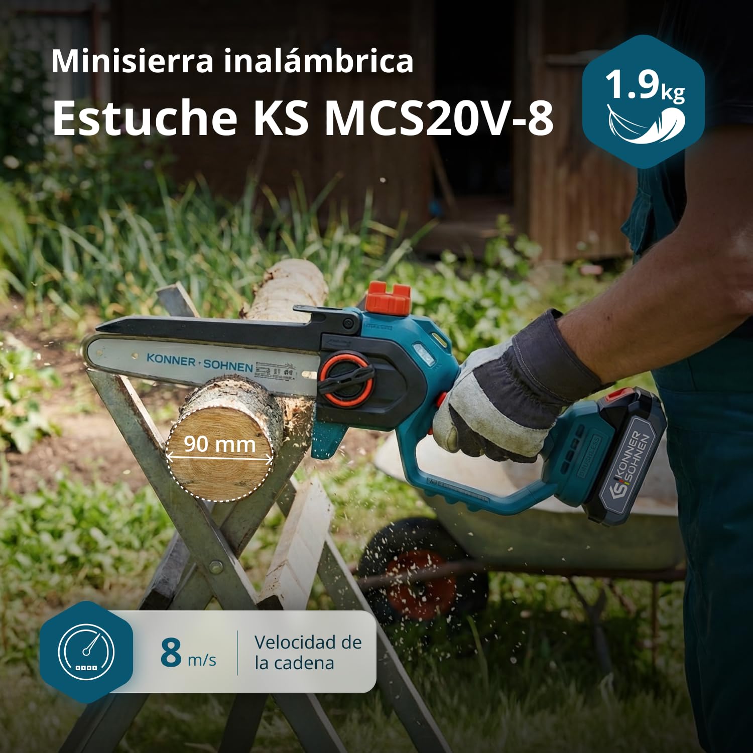 K&S Könner&Söhnen KS MCS20V-8 Case - Minimotosierra con batería de 8 pulgadas, motosierra eléctrica de mano con lubricación automática de cadena, sierra con batería de una sola mano con cargador de