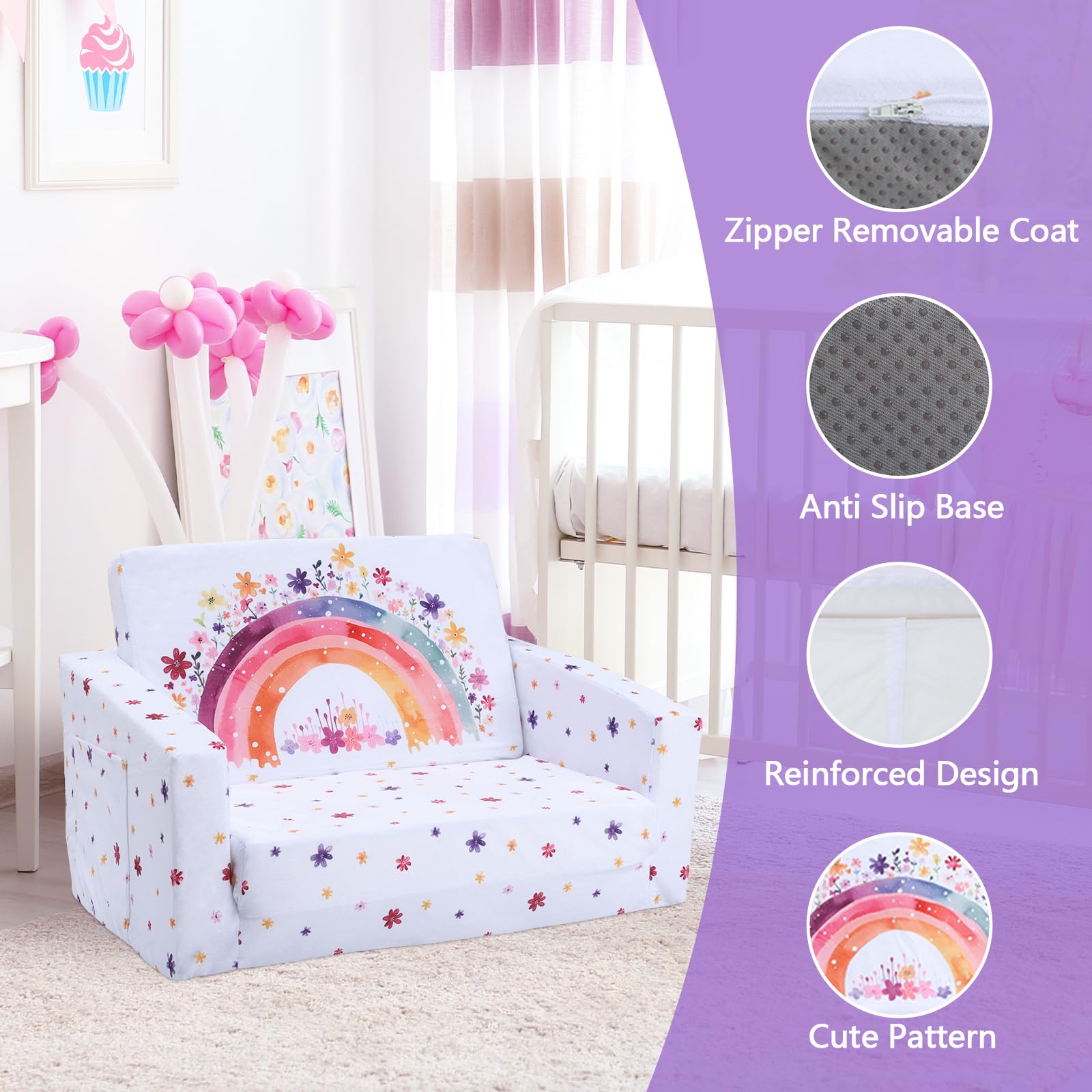 Canapé Pliant pour Enfants Canapé-Lit Convertible 2 en 1, Canapé-Lit pour Bébés Stable Confortable avec Pochette en Tissu, Canapé Chaise Léger pour Chambre à Coucher Salle de Jeux, Arc-en-ciel Fleur