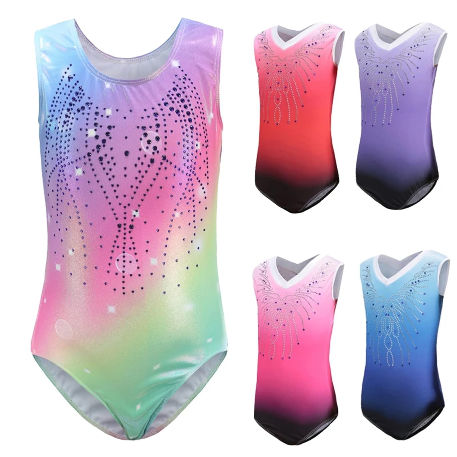 Gymnastikanzug Mädchen Ärmelloser Mesh-Ballett-Tanzanzug mit Diamanten, Gymnastik-Bodysuit, Tanzbekleidung, Eiskunstlauf-Performance-Kleidung(Color 2,6 (5-6Y))