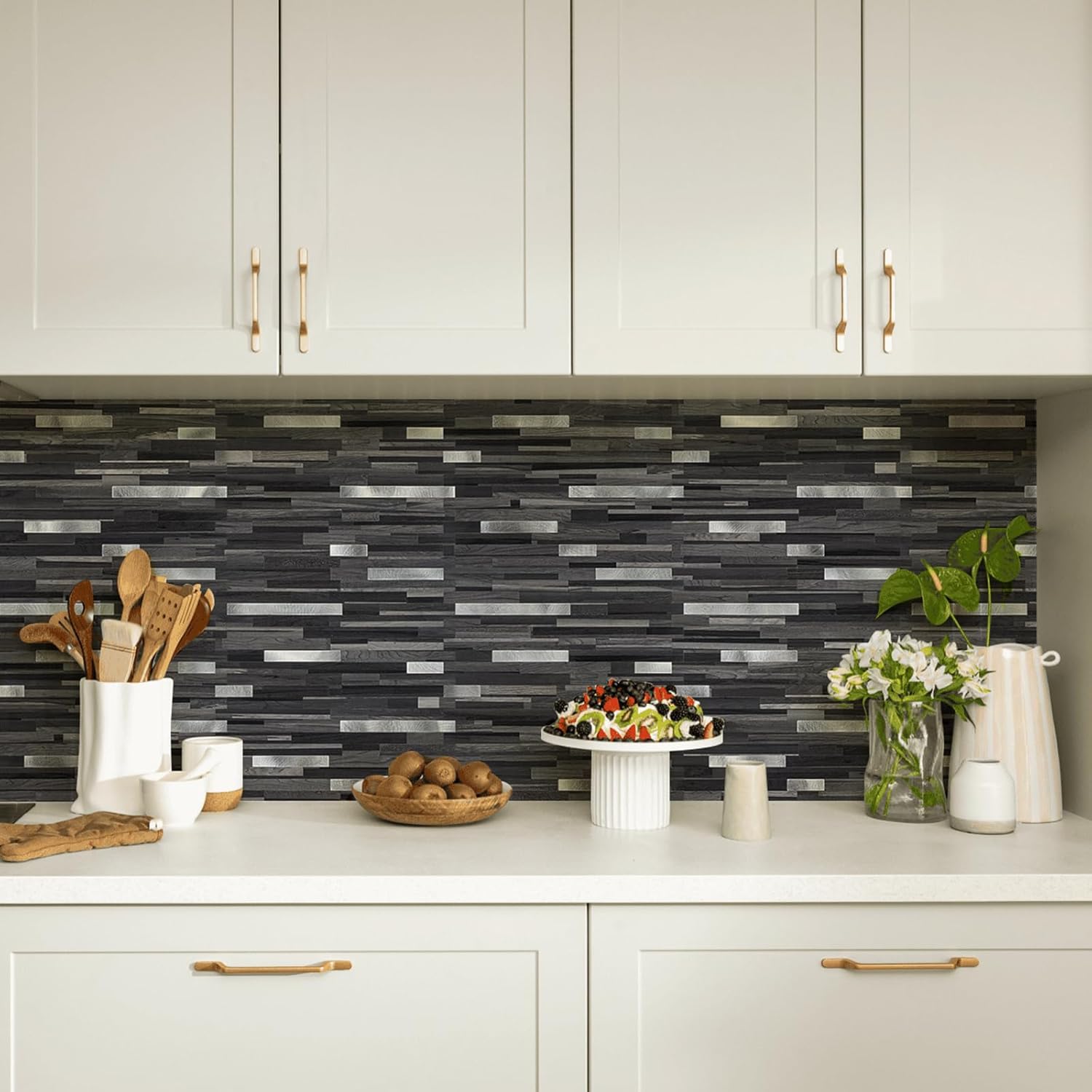 10 Sheets Peel and Stick Backsplash Tile - Black Grey Wood with Metal Silver Look Self-Adhesive Kitchen Backsplash Panels for Kitchen Backsplash, RV, Fireplace