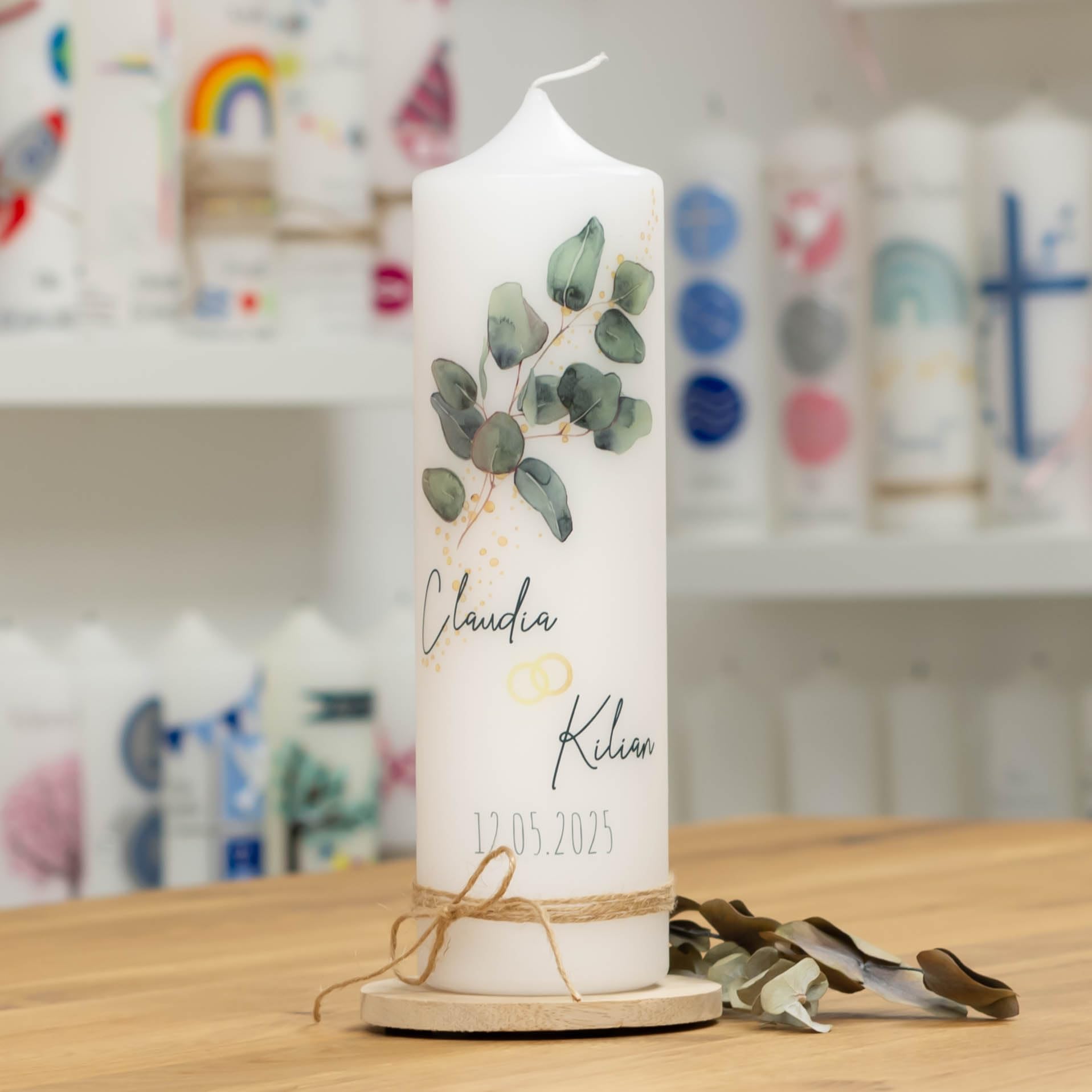 Hochzeitskerze mit Designdruck FILZMOOS personalisiert mit Namen und Datum, individuell
