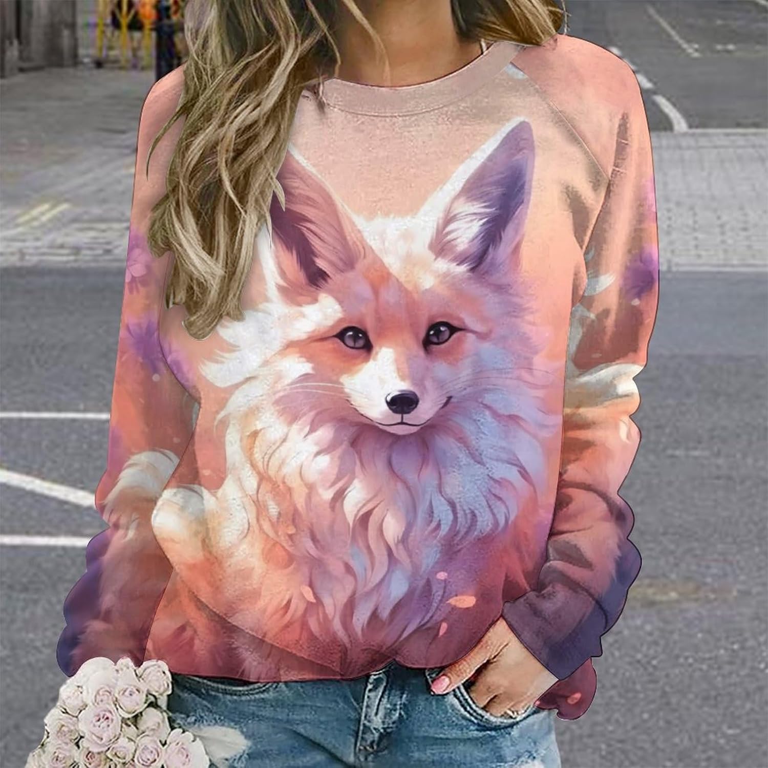 Bengbobar Womens Casual Floral Print Long Sleeve Sweatshirt Oversized Loose Pullover Sweaters Crewneck Daily Wear Tops