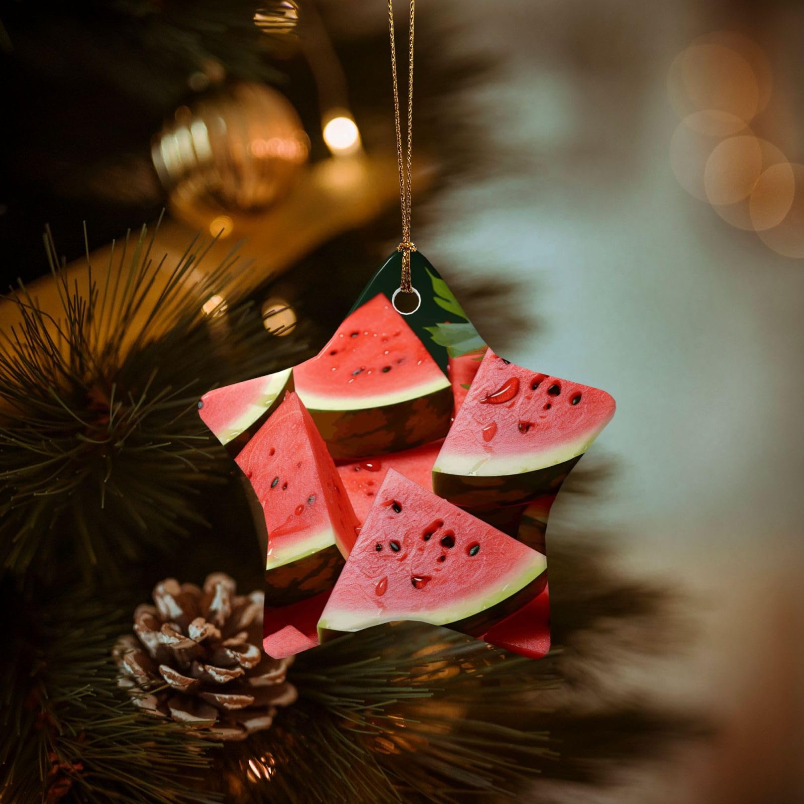 Christmas Ornaments for Christmas Tree Decoration Hanging Ripe Watermelon Slice Seeds Ornament with Gold Ribbon Crafts Star Shape Ceramic Pendant for Keepsake Gifts Xmas Decor Party Supplies