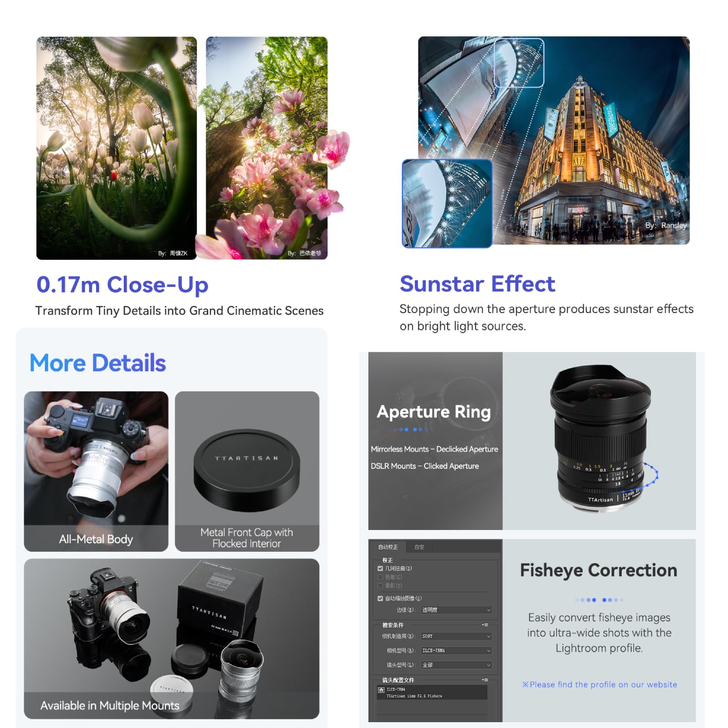 TTArtisan 11mm F2.8 Kameralinse Fisheye kompatibel mit E Mount Kameras wie A7 A7II A7R A7RII A7S A7SII A6500 A6300 A6000 A5100 A500 Silber