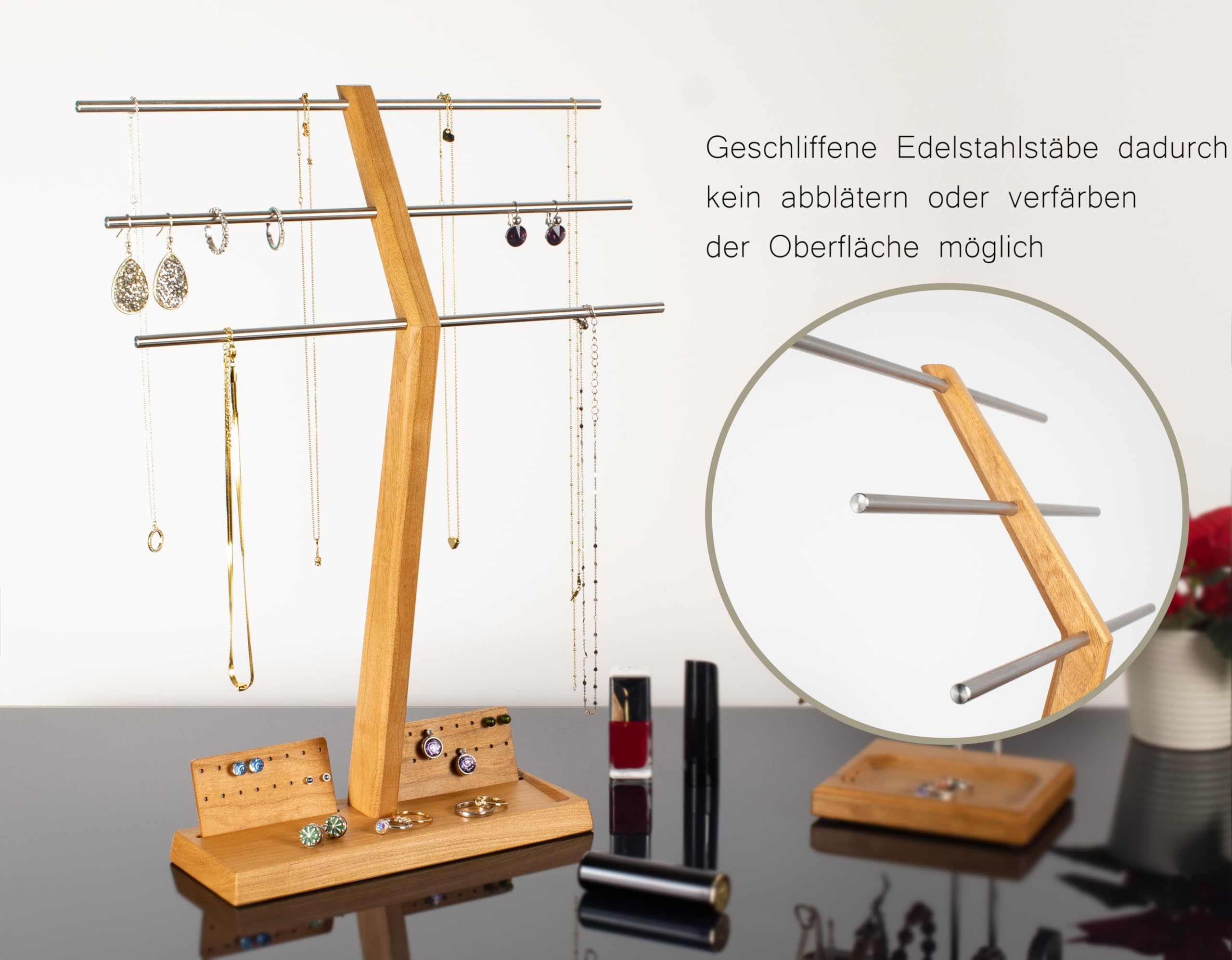 Wood and Steel Design - Schmuckhalter für Ketten, Ringe, Ohrringe, Ketten, Halsketten und Armbänder, 4 Ebenen, Kirschbaum Massivholz/Edelstahl