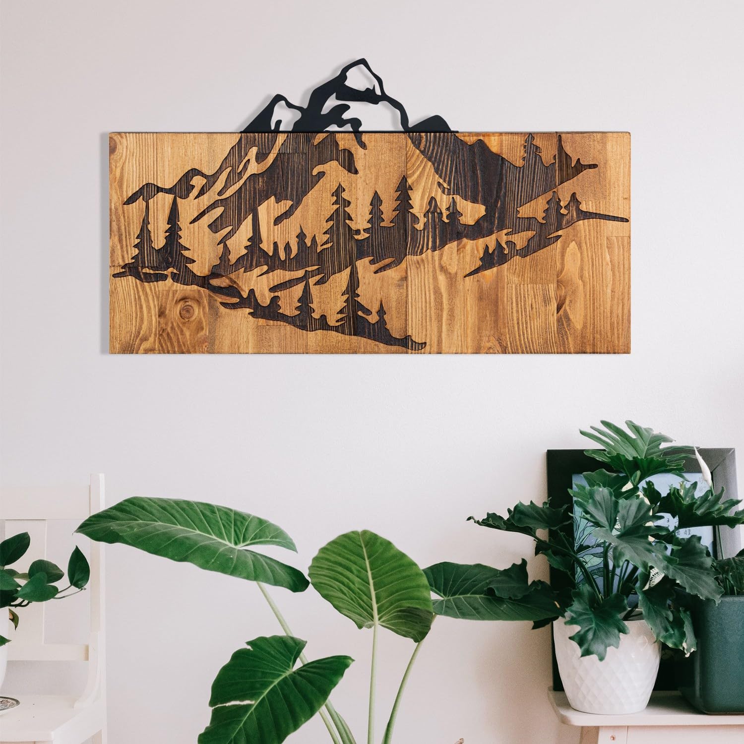 Elegant Decorative Wooden Wall Accessory, Black & Walnut, 57.5 x 33 cm, 100% Metal Frame (1.2 mm) & Solid Wood (3 cm), Perfect for Modern Decor
