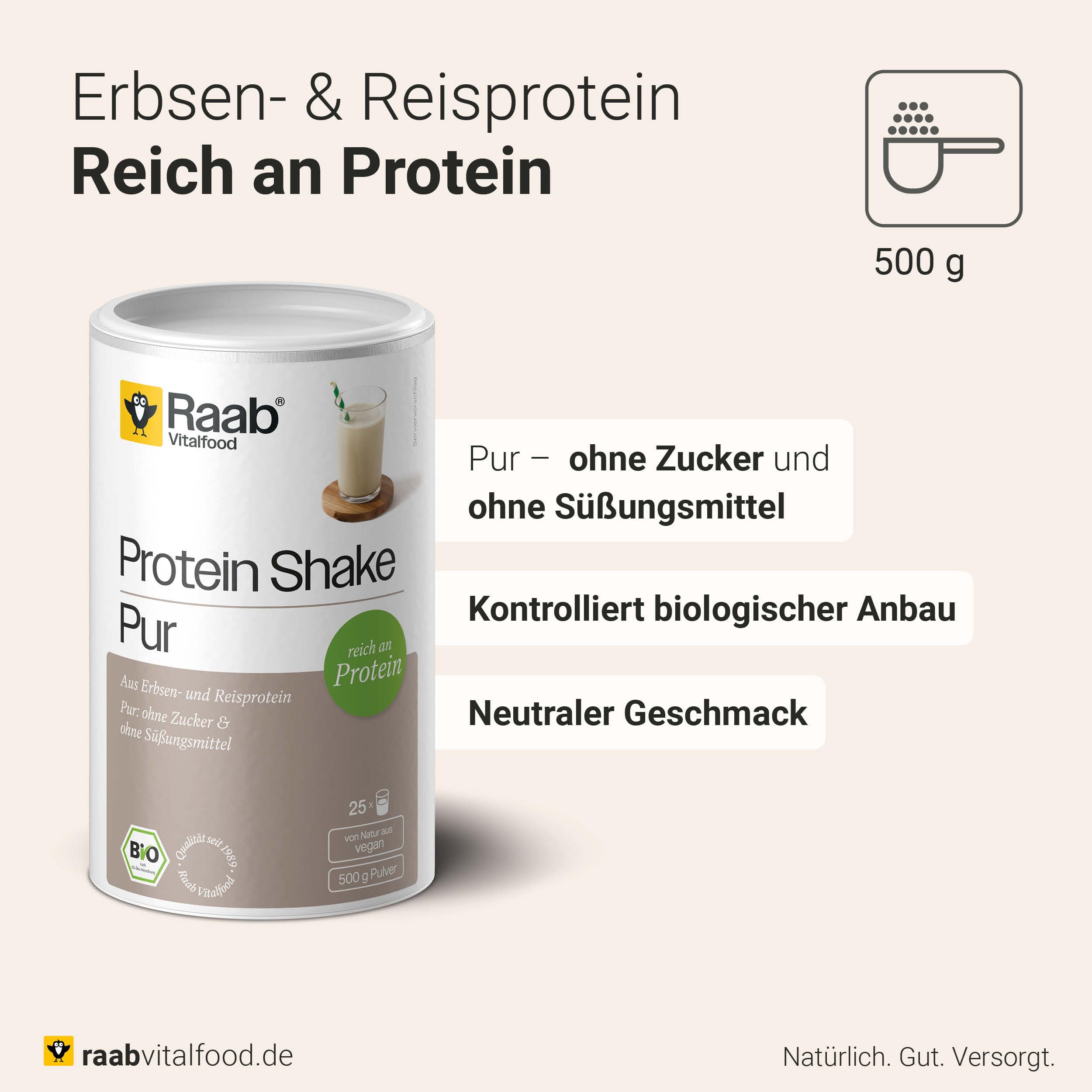 Raab Vitalfood® Bio Protein Shake Pur (500 g) - vegan & ohne Soja, Pur ohne Zusätze, Protein-Pulver mit 78 % Proteingehalt, neutraler Geschmack, glutenfrei, laktosefrei