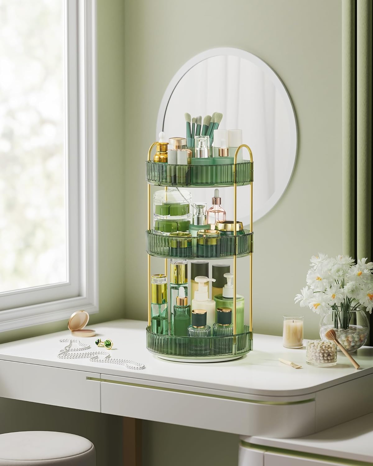 SONGMICS Makeup Organiser Rotating, 3-Tier Round Skincare Organiser, Customisable, Toiletries Cosmetics Organiser, Gift, Pale Green JKA011C01 71JtOrfabOL. AC SL1500