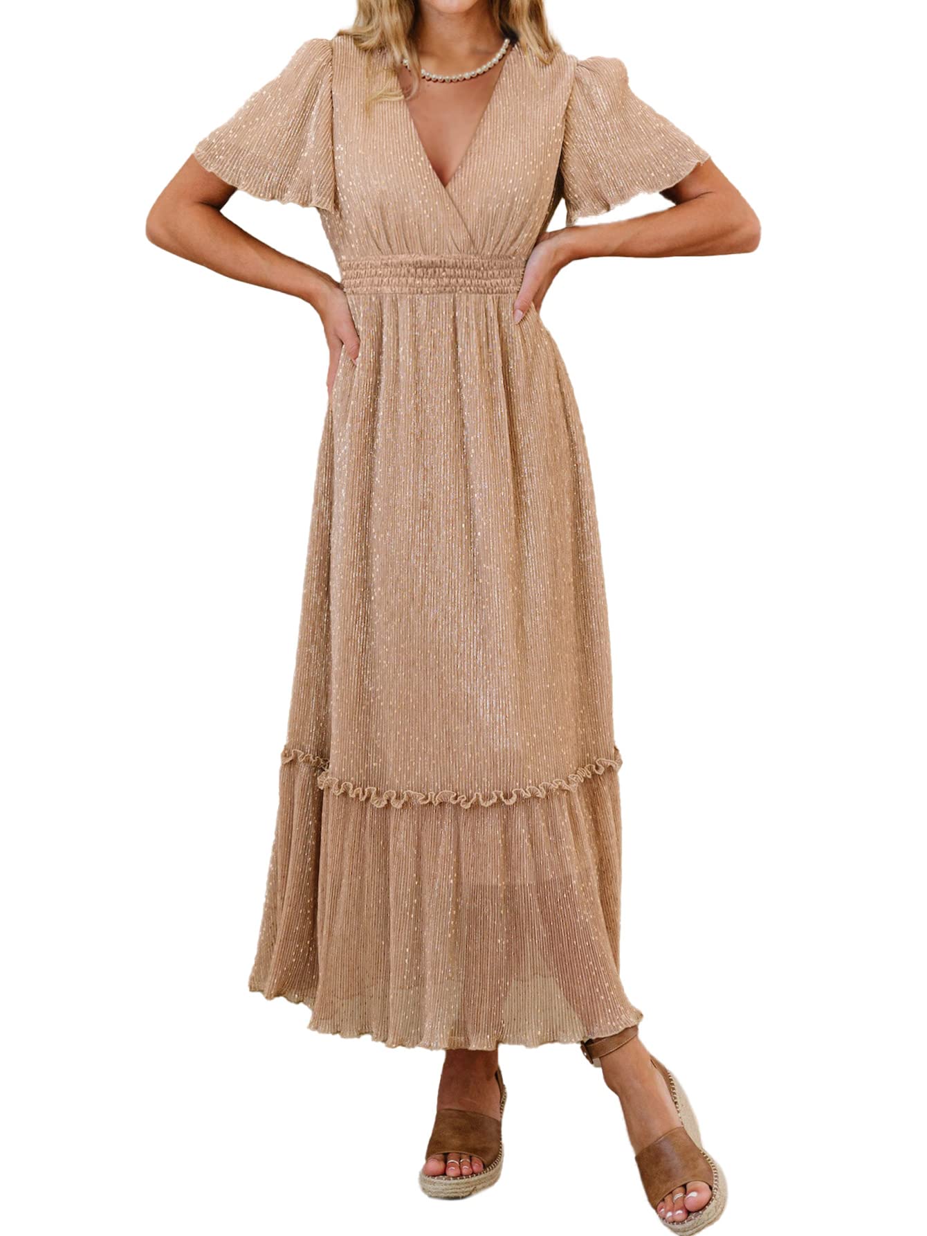 AmegoyaWomen's Summer Wedding Guest Maxi Glitter Dress Wrap V Neck Flutter Sleeve Sqarkly Sequin Bridesmaid Dress, 1-champagne, Large