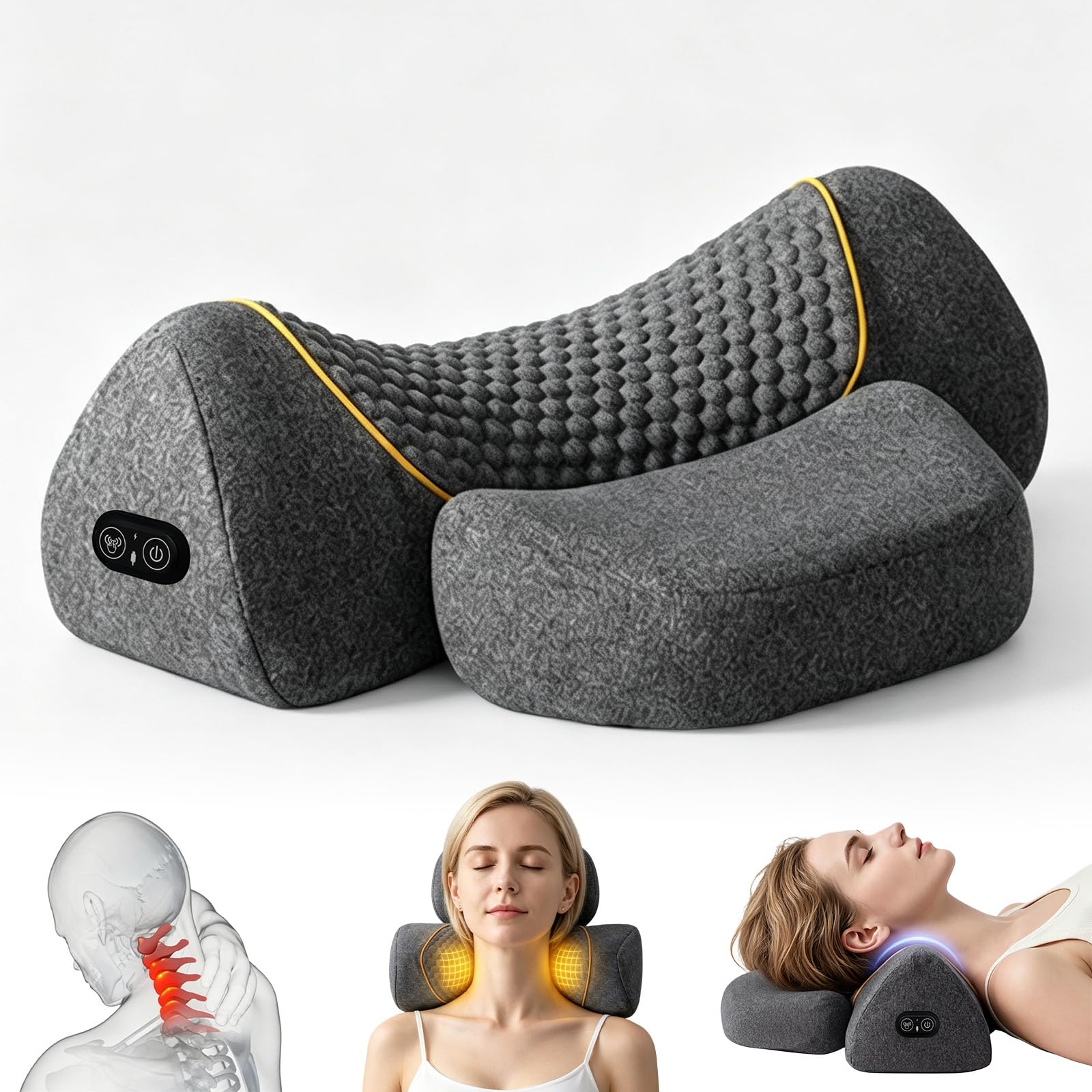 Cojín masajeador Cervical con calefacción, 3 en 1 masajeador de espalda y cerevicales con calefacción, vibración y tracción, intensidad ajustable, para aliviar el dolor de los tejidos profundos