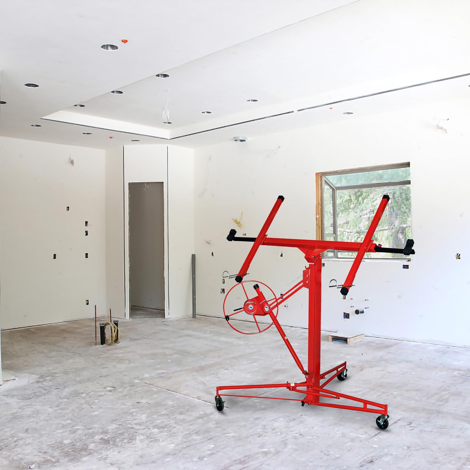 XXL Plattenheber Trockenbau, Tragfähigkeit 68 kg, Arbeitshöhe 140-350 cm, max. Breite 290 cm, Klappbarer, verstellbar, schwenkbar, Montagehilfe, rot