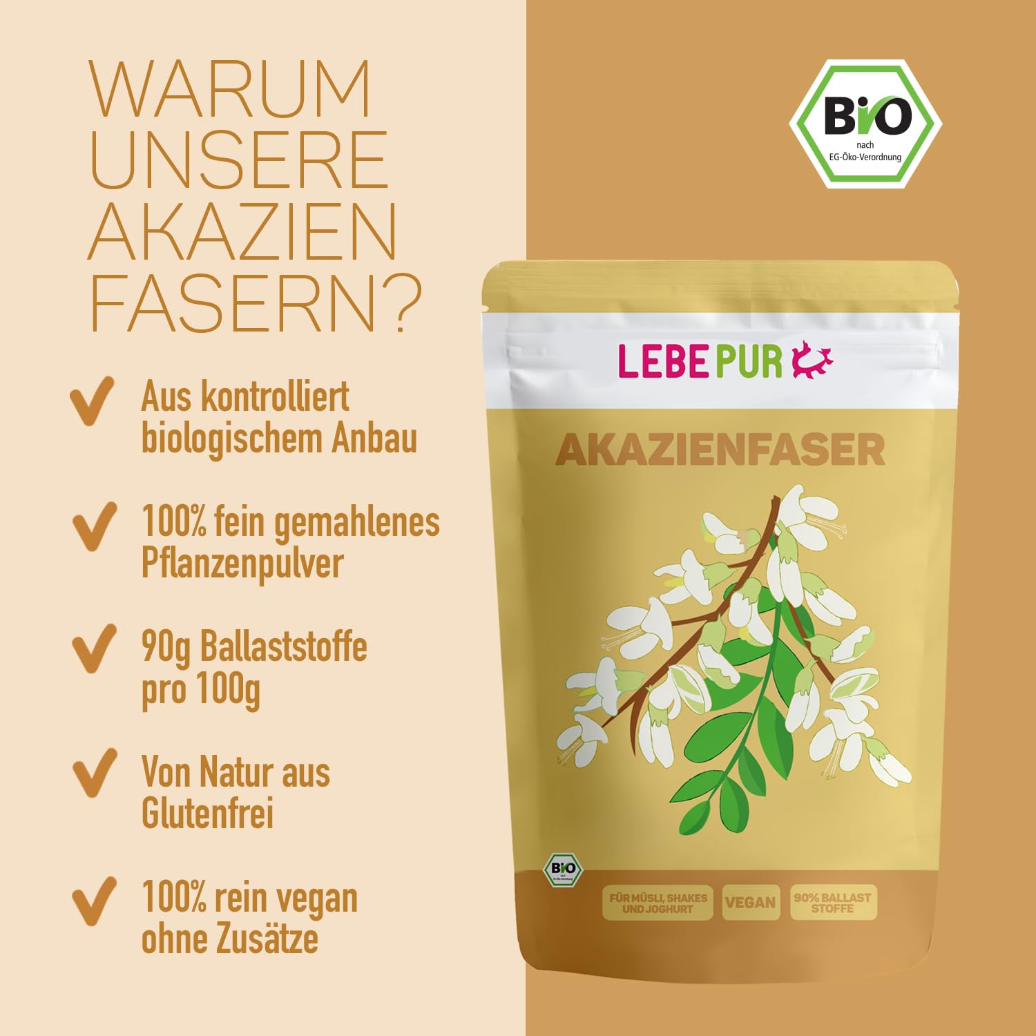 Lebepur BIO Akazienfasern vegan 500g, 90% Ballaststoffe, geschmacks- und geruchsneutral, Akazienfaser Pulver, glutenfrei, ohne Zusatzstoffe, hoher Ballaststoffgehalt mit 90g pro 100g
