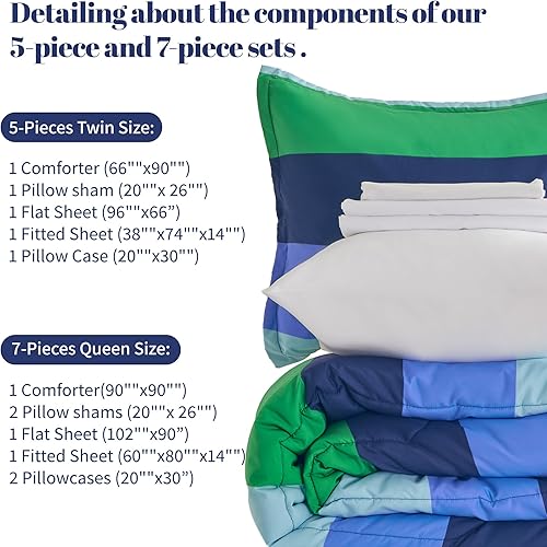 Miniatura 6 de Juego de edredón de 7 piezas para niños y adolescentes, 7 piezas con 1 edredón (90 x 90 pulgadas), 1 sábana bajera, 1 sábana encimera, 2 fundas de