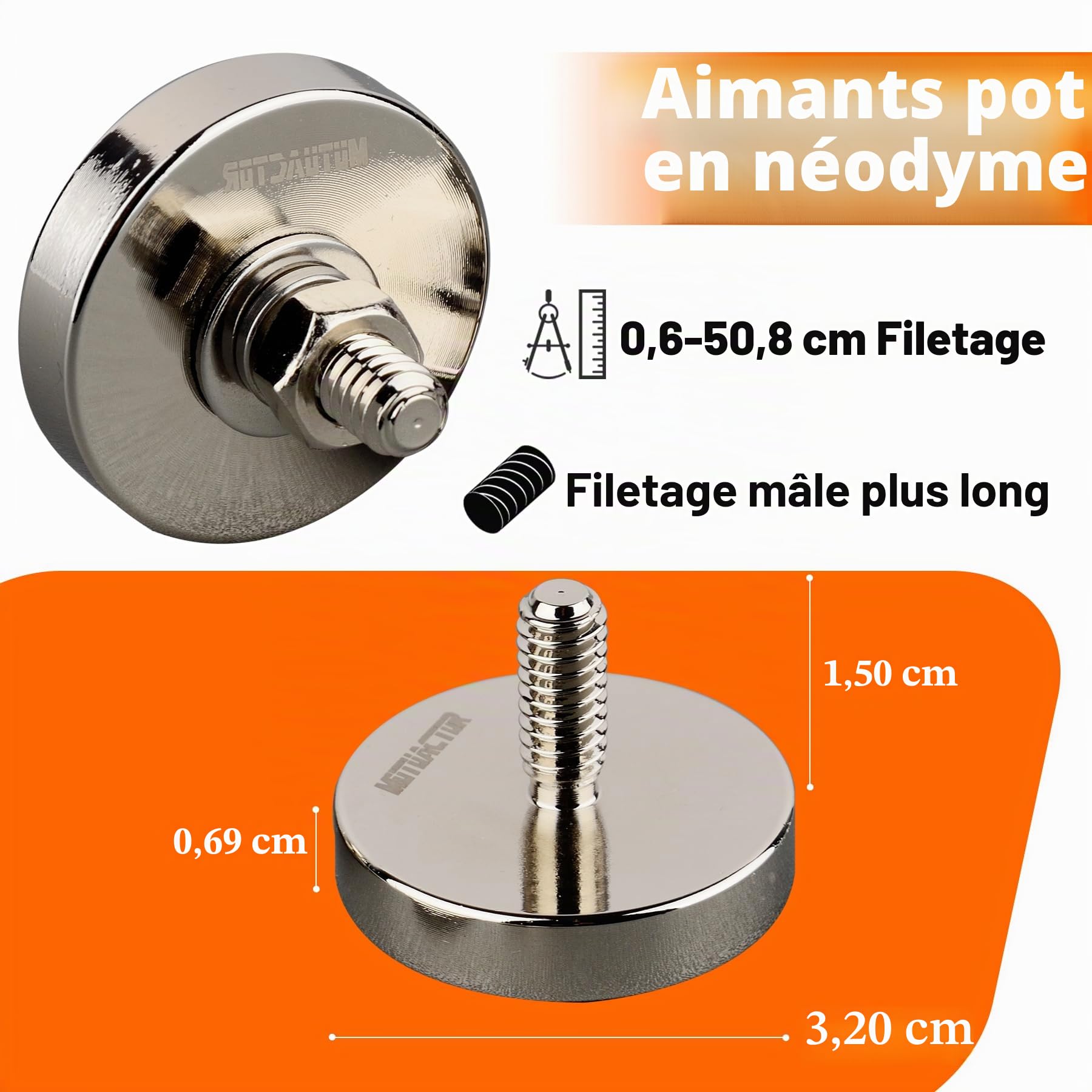 MUTUACTOR Lot de 4 aimants ronds super puissants avec boulons filetés mâles de 1/4" à 20, force de traction verticale de 42 kg, aimant en néodyme non destructif pour caméra d'éclairage et support de