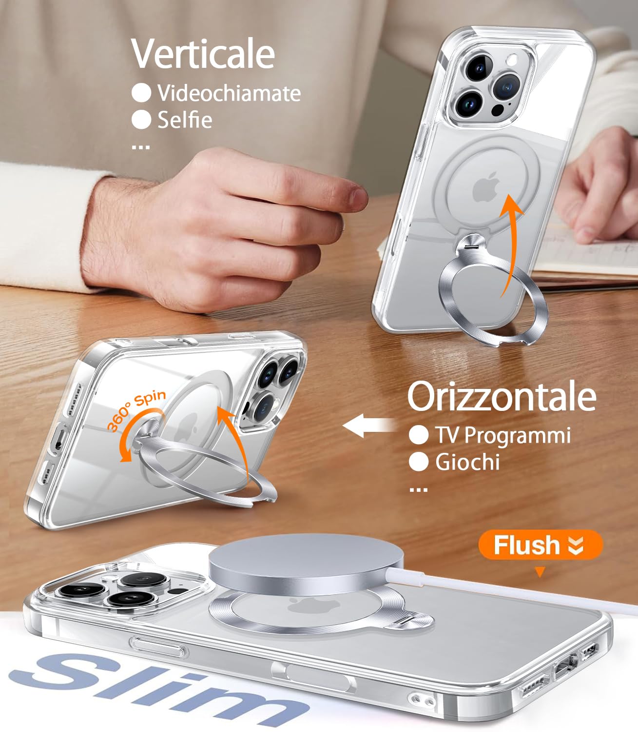 HaloArt 360° Girevole Supporto Magnetica Cover per iPhone 16 Pro Max [Stabile CD Anello Supporto per MagSafe] [N.1 Potenza Magnetica & Protezione Militare] Custodia Antiurto Sottile, Trasparente