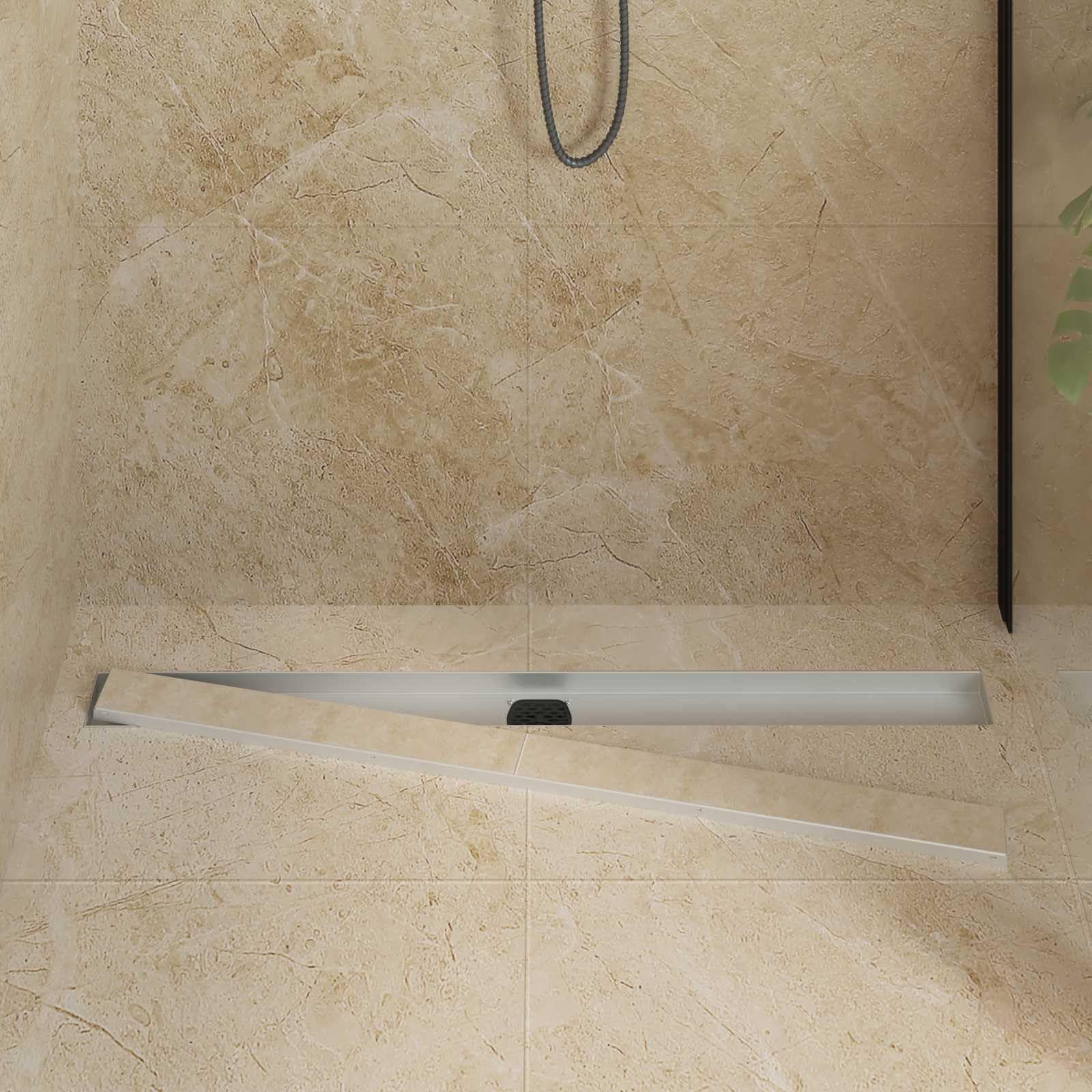 Desagüe de ducha 2 en 1 con sifón plateado 360°, 100 cm, acero inoxidable 304, altura regulable de 0 a 30 mm, apto para azulejos, extraíble para interiores y baños modernos