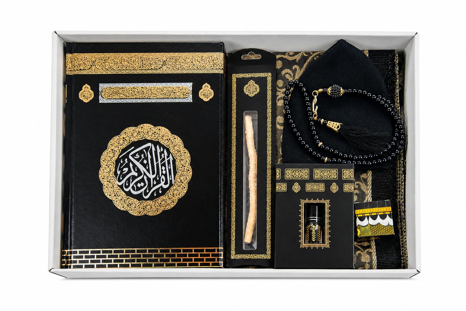 Caja de regalo islámica de lujo, juego de 7 piezas con cuentas de corán y oración Tesbih y alfombra de oración con diseño de Kaaba y palo Miswak y olor sólido y sombreros Kufi y Hacerül Esved