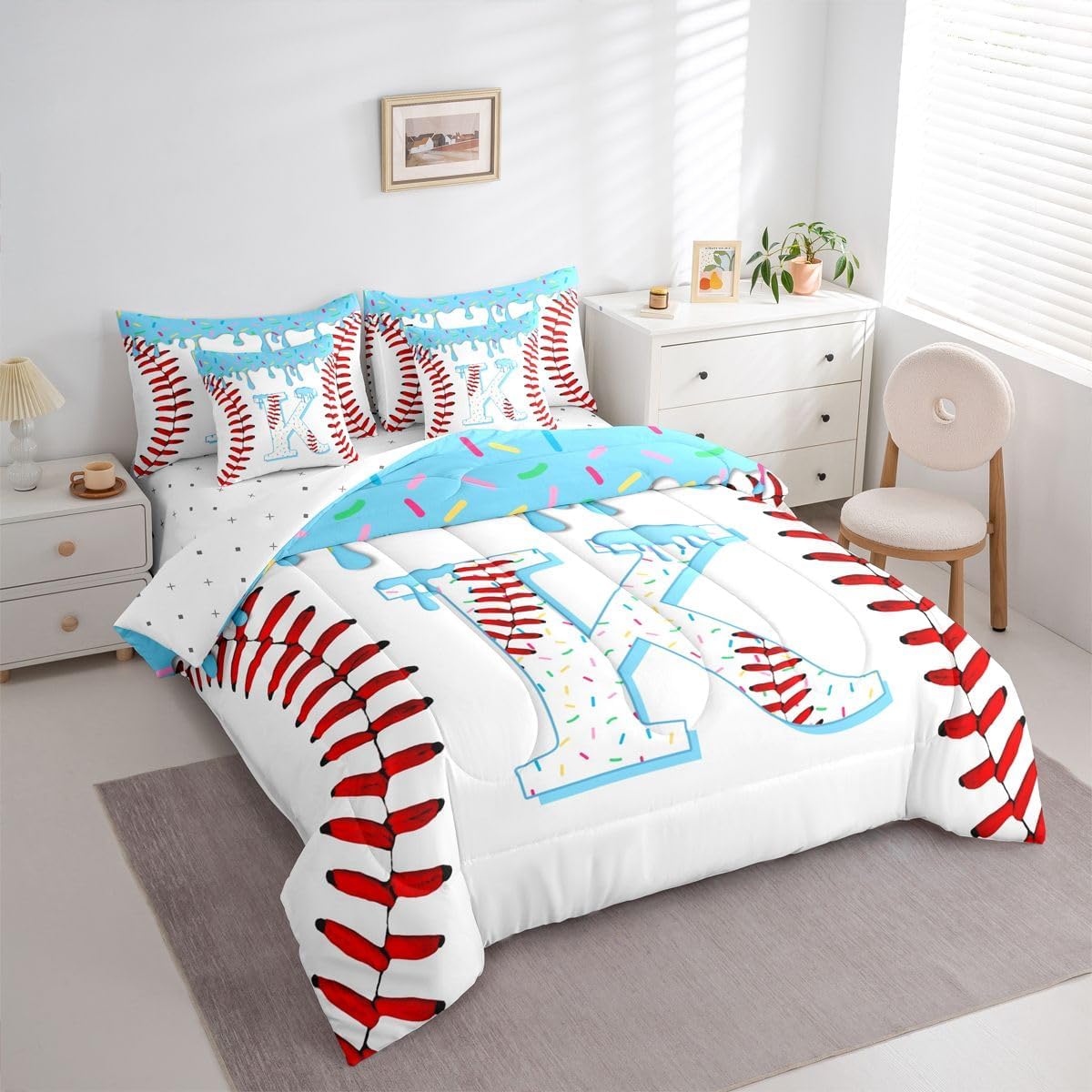 Erosebridal Blue Ice Cream Drip Twin Bedding Set Monogram K Baseball Boys Comforter Set 7 Pcs Ball Sports Games Bed in A Bag with Sheets for Kids Adults Bedroom Dessert Sweet Cream Candy Bed Sets image 2