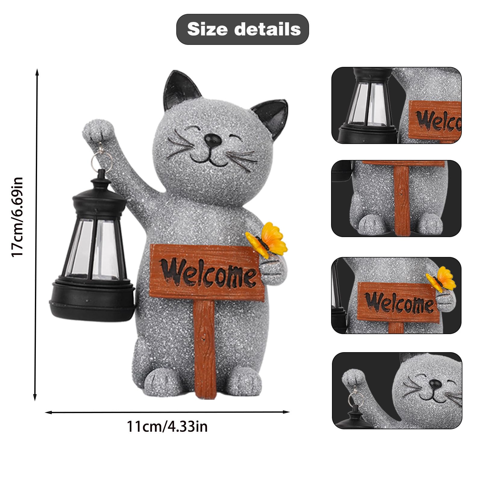 Friendly Solar Cat Garden Statue with Lantern, Resin Outdoor Welcome Sign Ornament Light Up Figurine for Porch Patio - Image 4