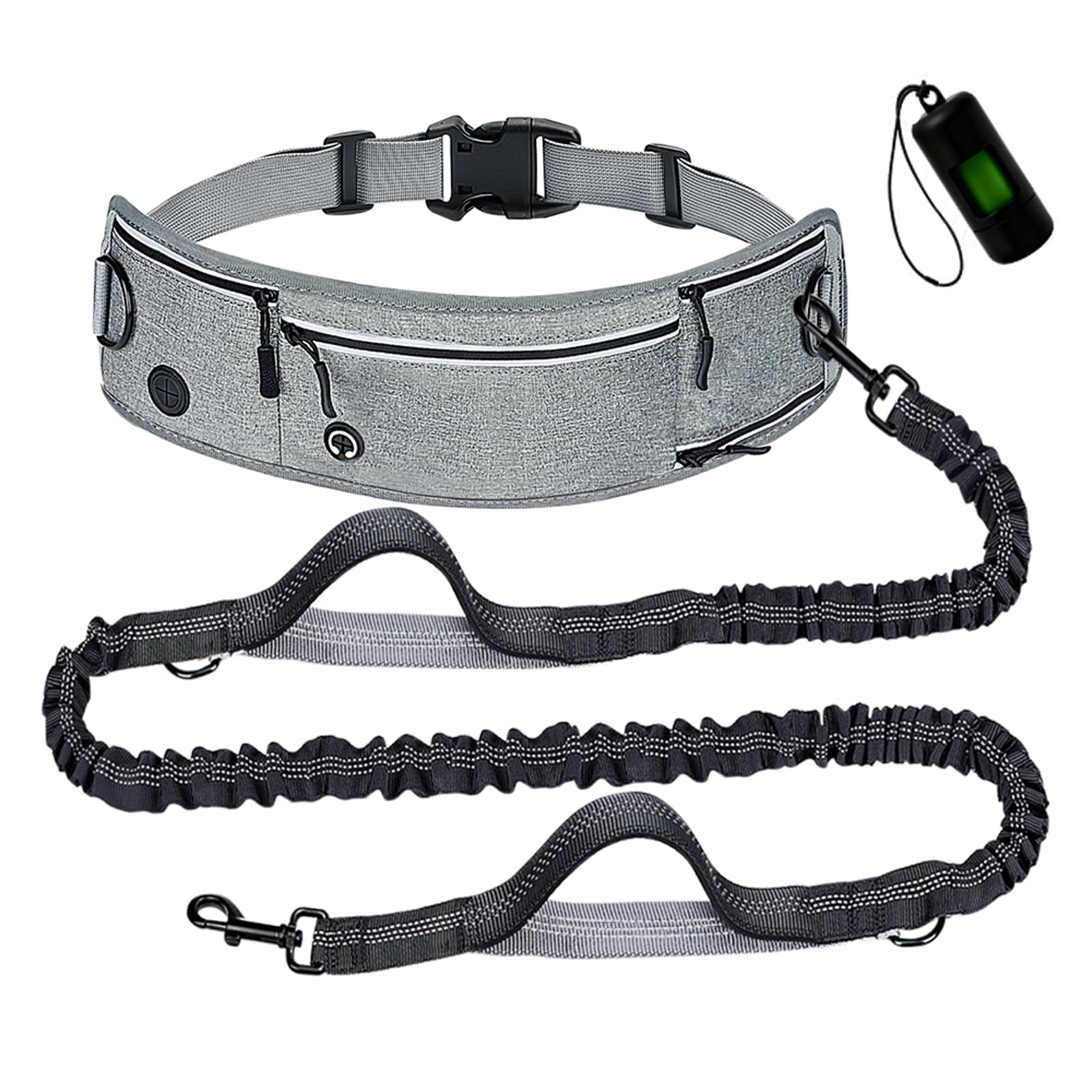 Hands-Free Adjustable Waist Leash with Dog Poop Bag Holder,Soft Padded Dual Handle,Retractable Bungee Leash with Reflective Stitches for Dog Walking Running Jogging 25-110 lbs,Grey