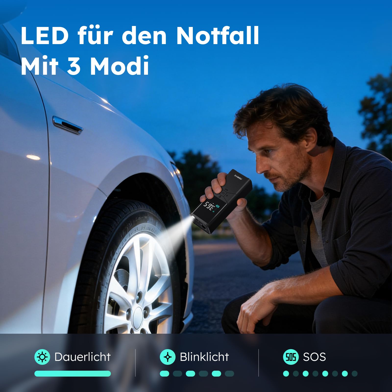 ASMAX T40 Elektrische Luftpumpe 6000mAh, Akku-Kompressor 150 PSI/10,3 Bar | 25L/min Schnellaufpumpen, LED-Licht, Digitaler Reifendruckmesser, Tragbare Fahrradpumpe für Auto, Motorrad, Fahrrad und Bälle