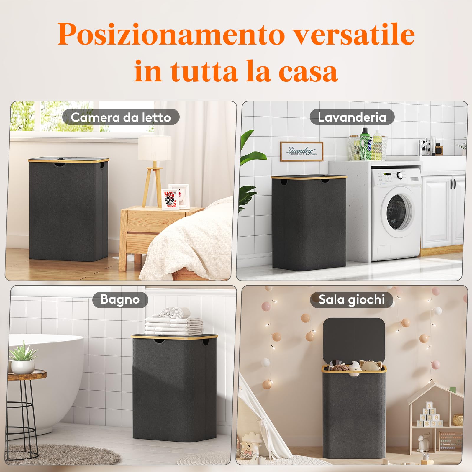 Lifewit 150L Cesto Portabiancheria 3 Scomparti, Cesta Biancheria Sporca con Manici Bambù, Cesto Panni Sporchi con 3 Sacco, Cesto Lavanderia, Porta Biancheria Sporca per Bagno, Grigio Scuro