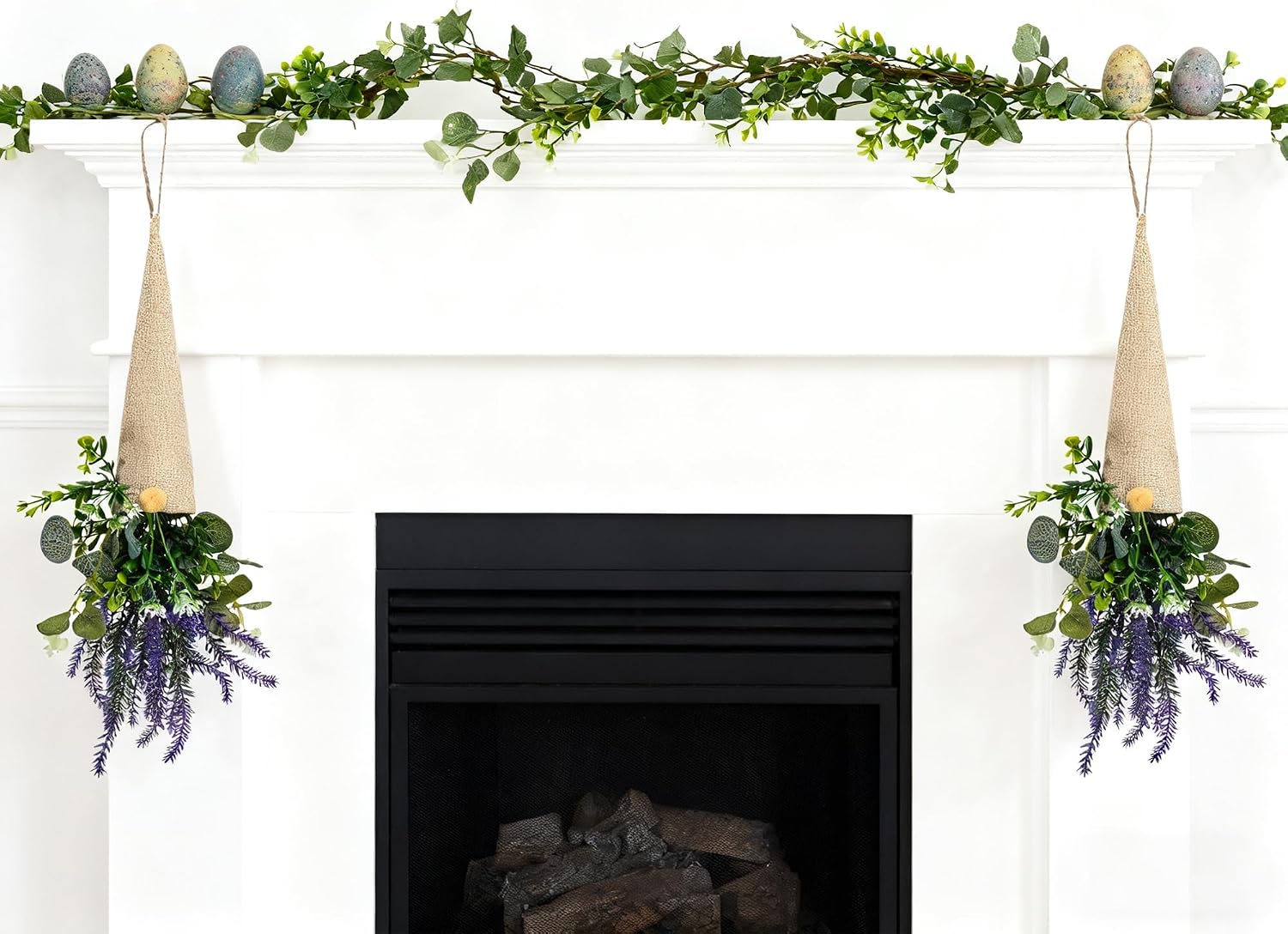 Watayo 2 Pcs Lavender Gnome Wreath Decoration, Hanging Purple Lavenders Wreath Gnome for Front Door, Artificial Lavender Gnomes Spring Door Swag with Green Leaves for Window Wall Home Ornaments