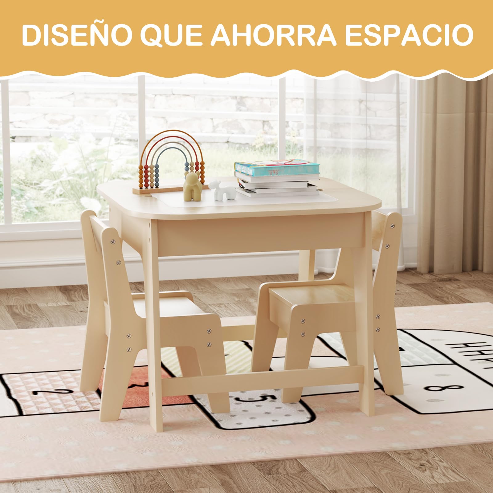 COSTWAY Juego de Mesa y Sillas para Niños, Juego de Mesa de Actividades Infantil con Almacenamiento Oculto, 2 Sillas Ergonómicas, Set de Muebles para Arte, Manualidades (Natural)