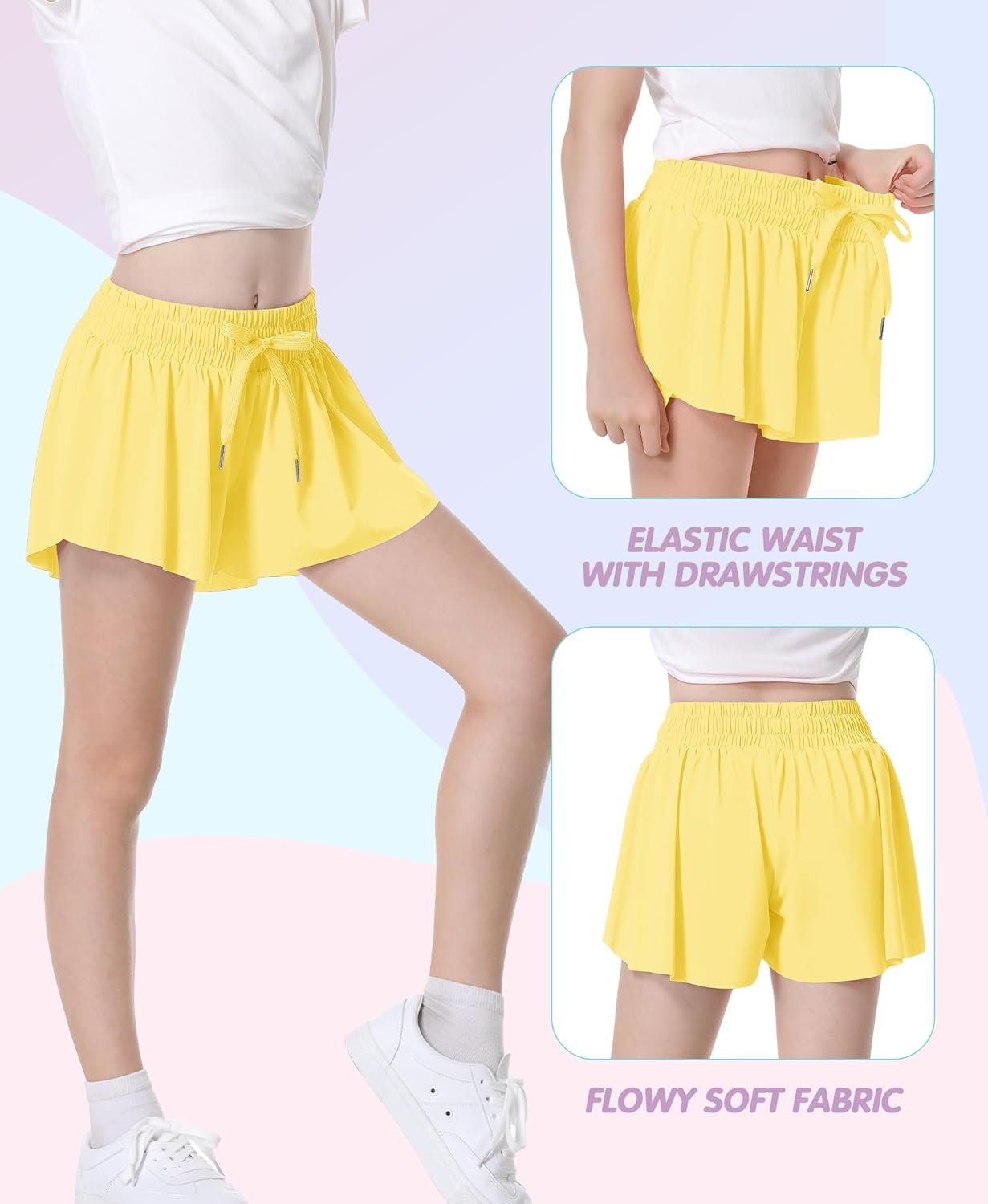 QooNoo Girls Butterfly Shorts with Pocket Flowy Athletic Shorts High Waist Preppy Running Shorts for Kids Teen - Image 4