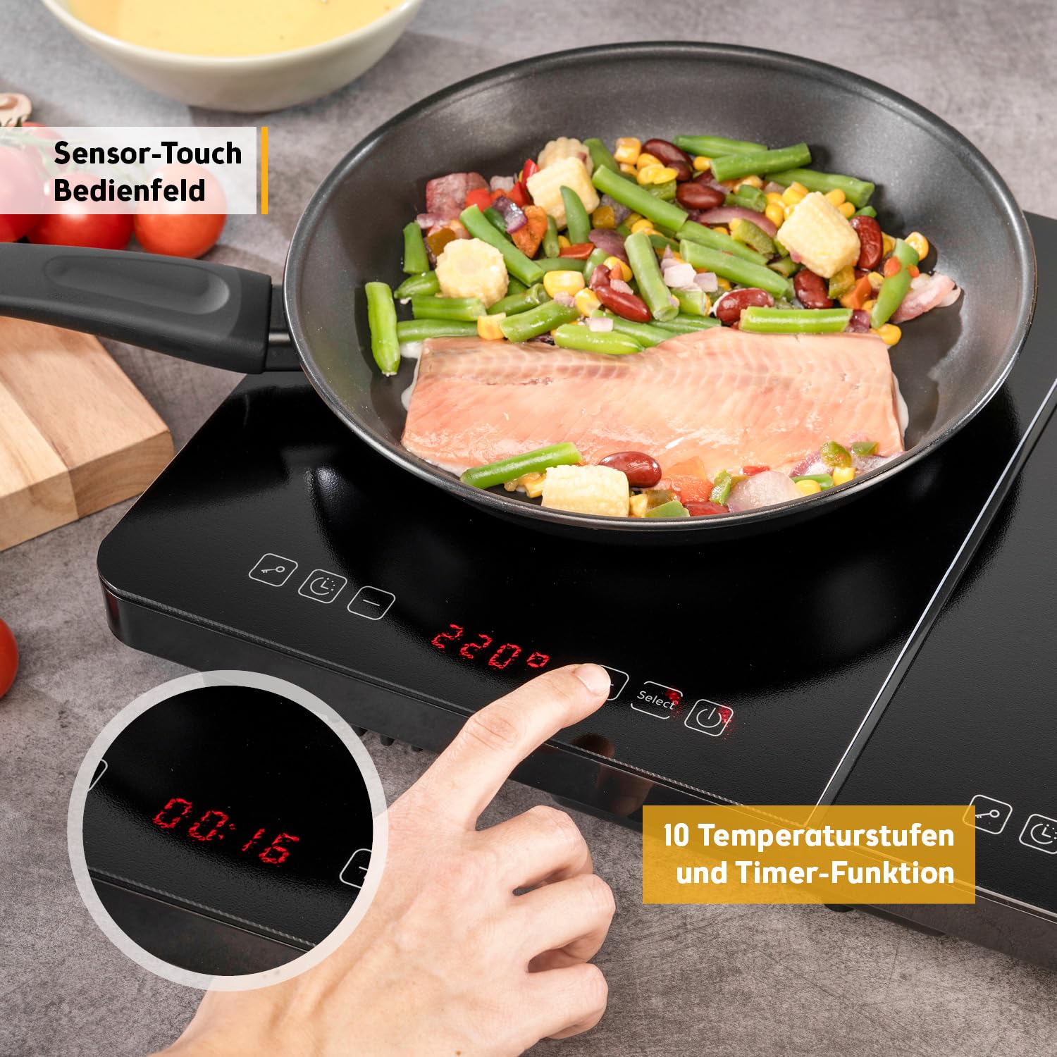 TZS First Austria - Induktionskochplatte doppelt - 3500W - 2er Glaskeramik-Herdplatte - 10 Leistungsstufen, Timer, Kindersicherung, LED-Display, Touch-Bedienung, Überhitzungsschutz - Camping, mobil