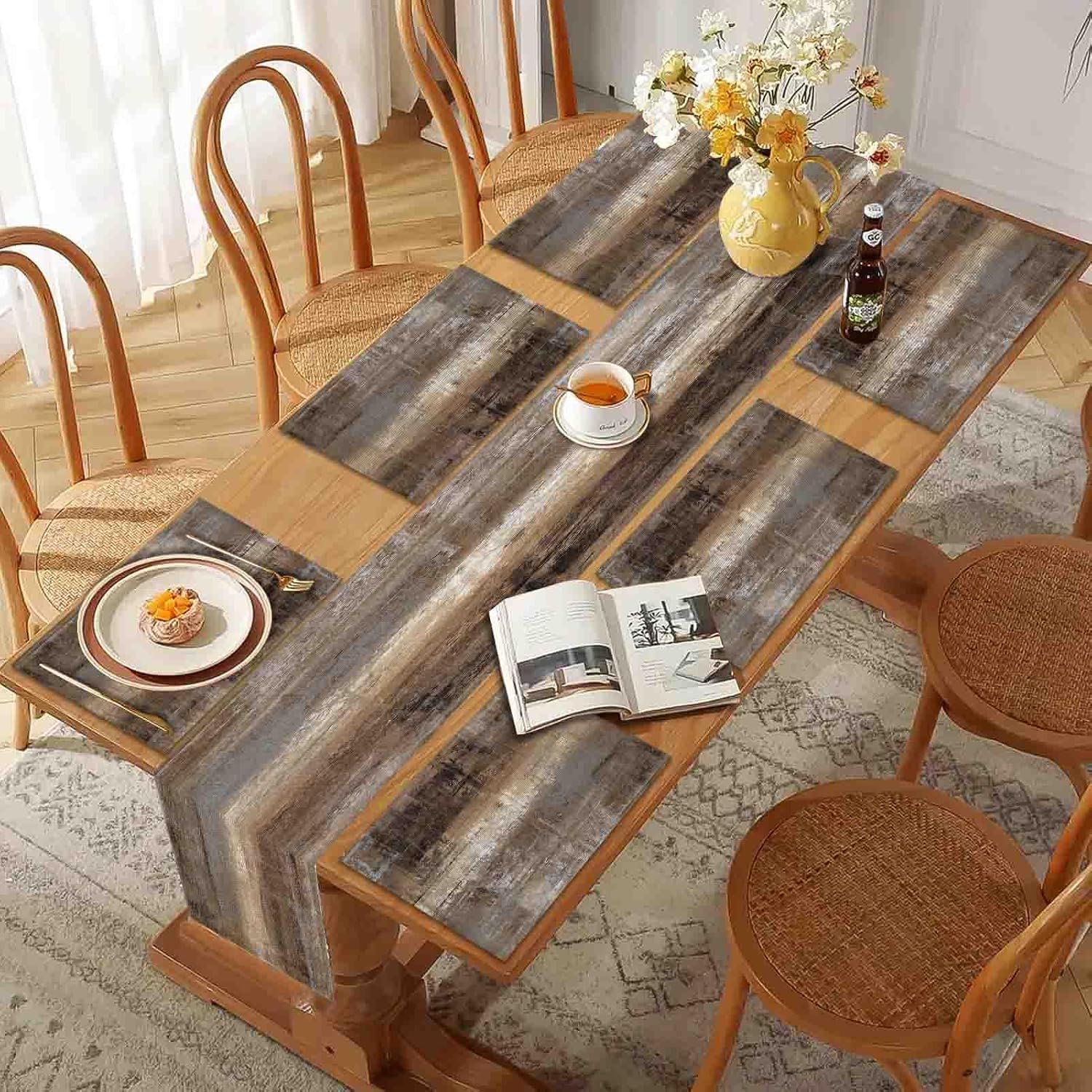 Mcalk Dark Brown Table Runner and Placemats Set of 6 Pieces, Brown Placemat, Cloth Place Mats Indoor for Kitchen, Washable Abstract Placemats Linen Material for Dining Table image 5