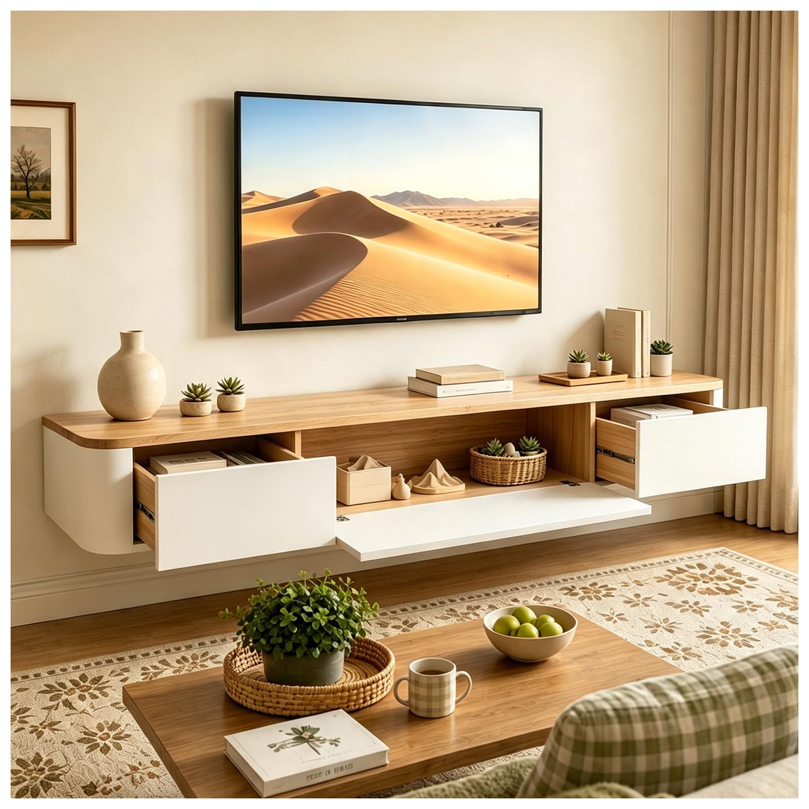Schwebende TV Schrank 180cm Beige, Modern TV Lowboard Hängend, TV Board Hängend mit 2 Schubladen 1 Klappen Türen & Kabelmanagement, für Wohnzimmer und Esszimmer