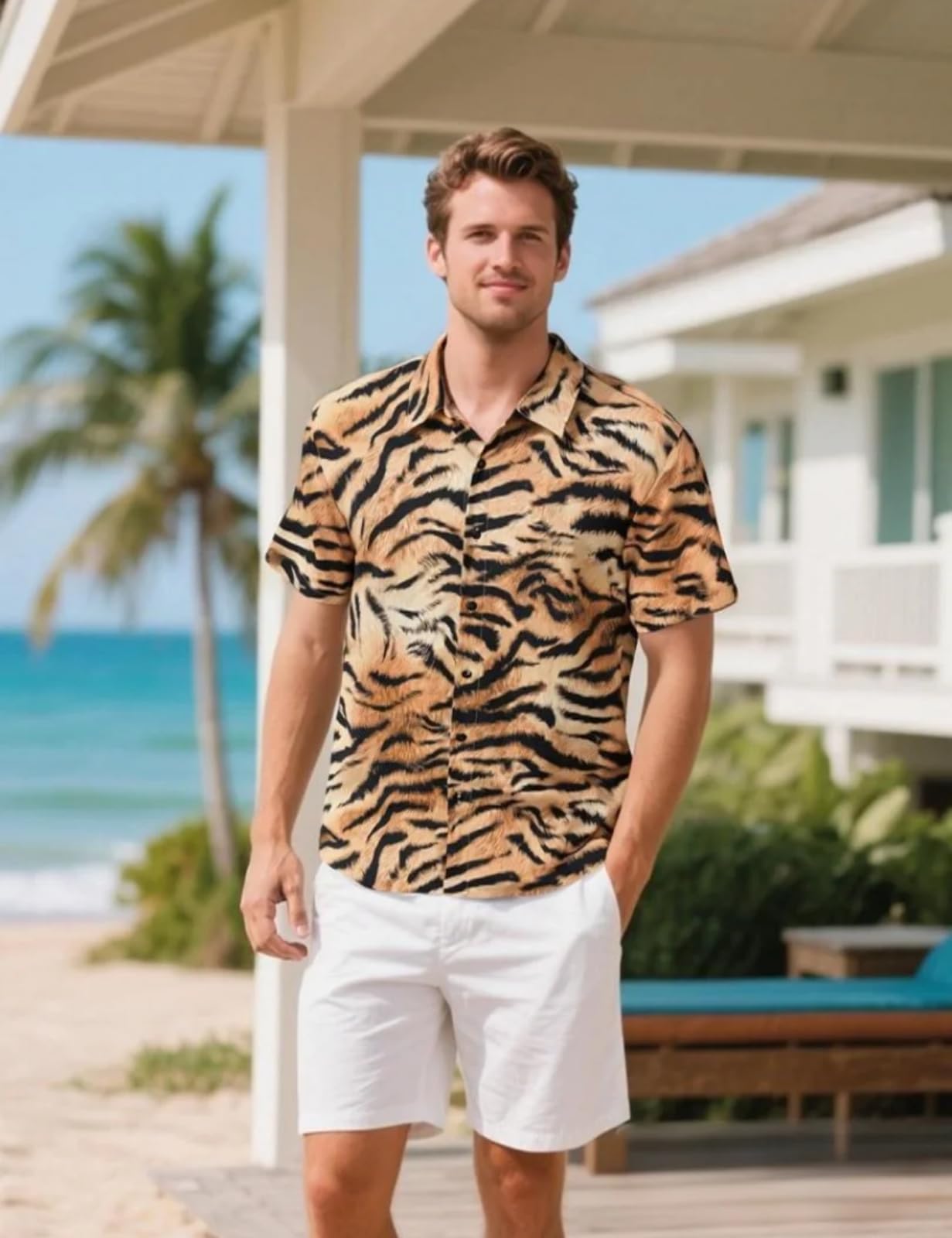 Mens Animal Print Short Sleeve Button Casual Hawaiian Shirts