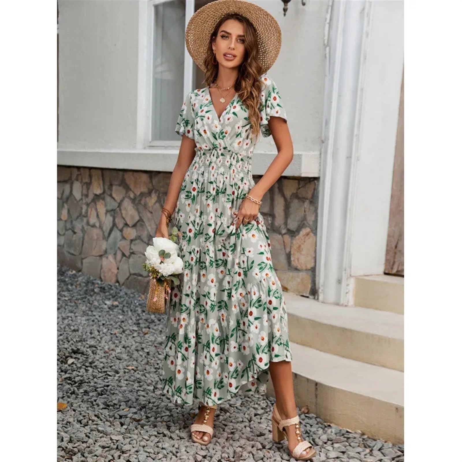 Vestido Cruzado con Estampado de Verano for Mujer, Vestido Informal Ajustado de Manga Corta con Cuello en V para Mujer(S)