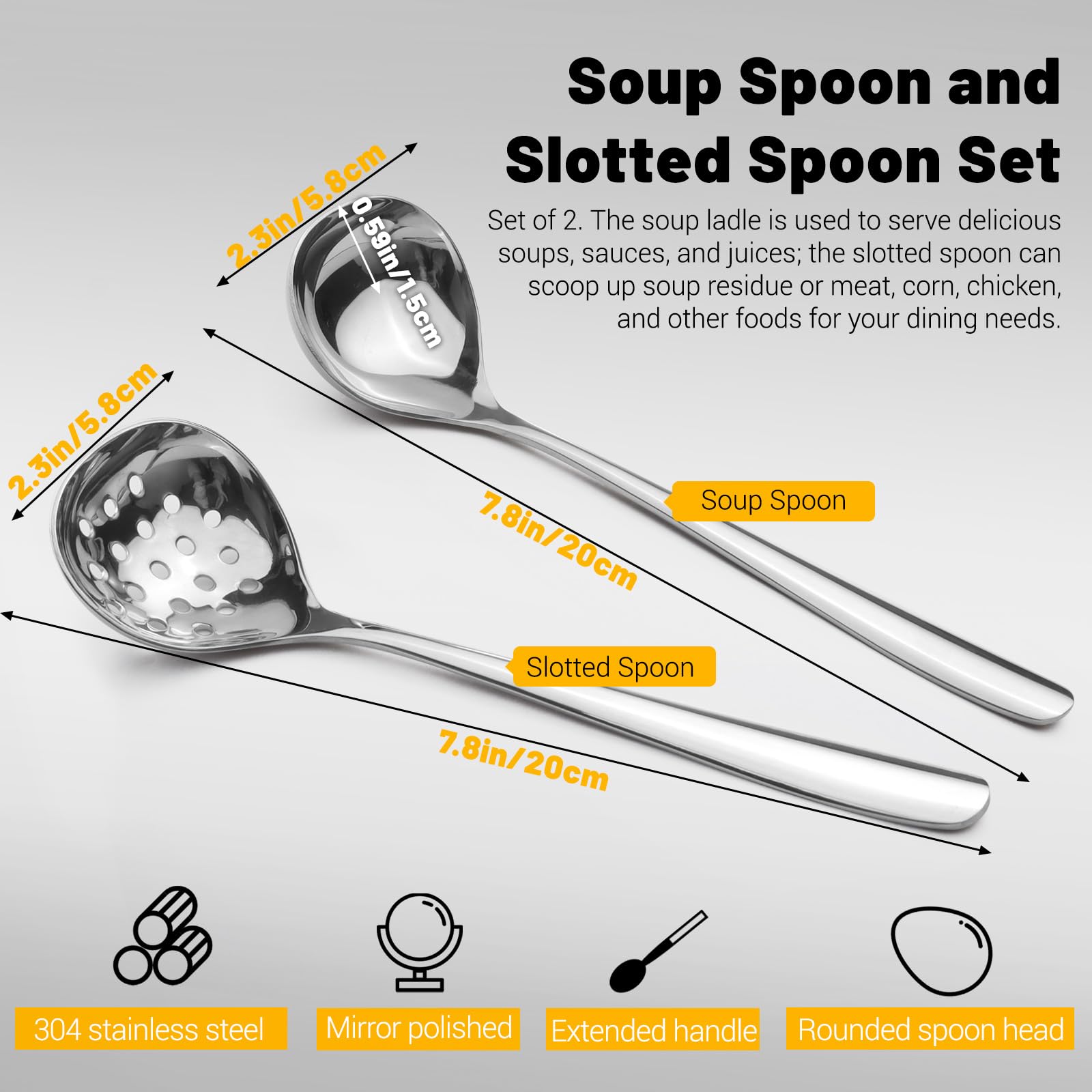 Realand 2Pcs Small Ladle and Slotted Spoon, Heavy Duty 304 Stainless Steel Mini Soup Ladles and Skimmer Strainer, Silver