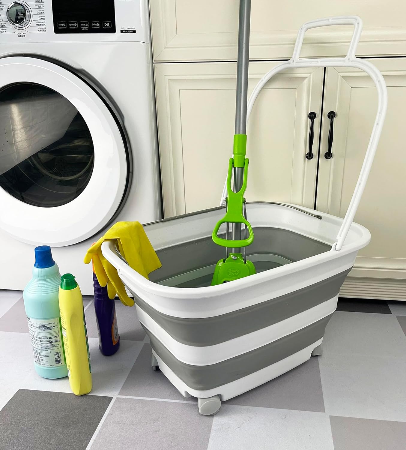 SAMMART 35L (9.24 Gallons) Collapsible Plastic Laundry Basket with Handle and Wheels - Foldable Pop Up Storage Container/Washing Tub - Space Saving (1, White/Grey) 1 White/Grey