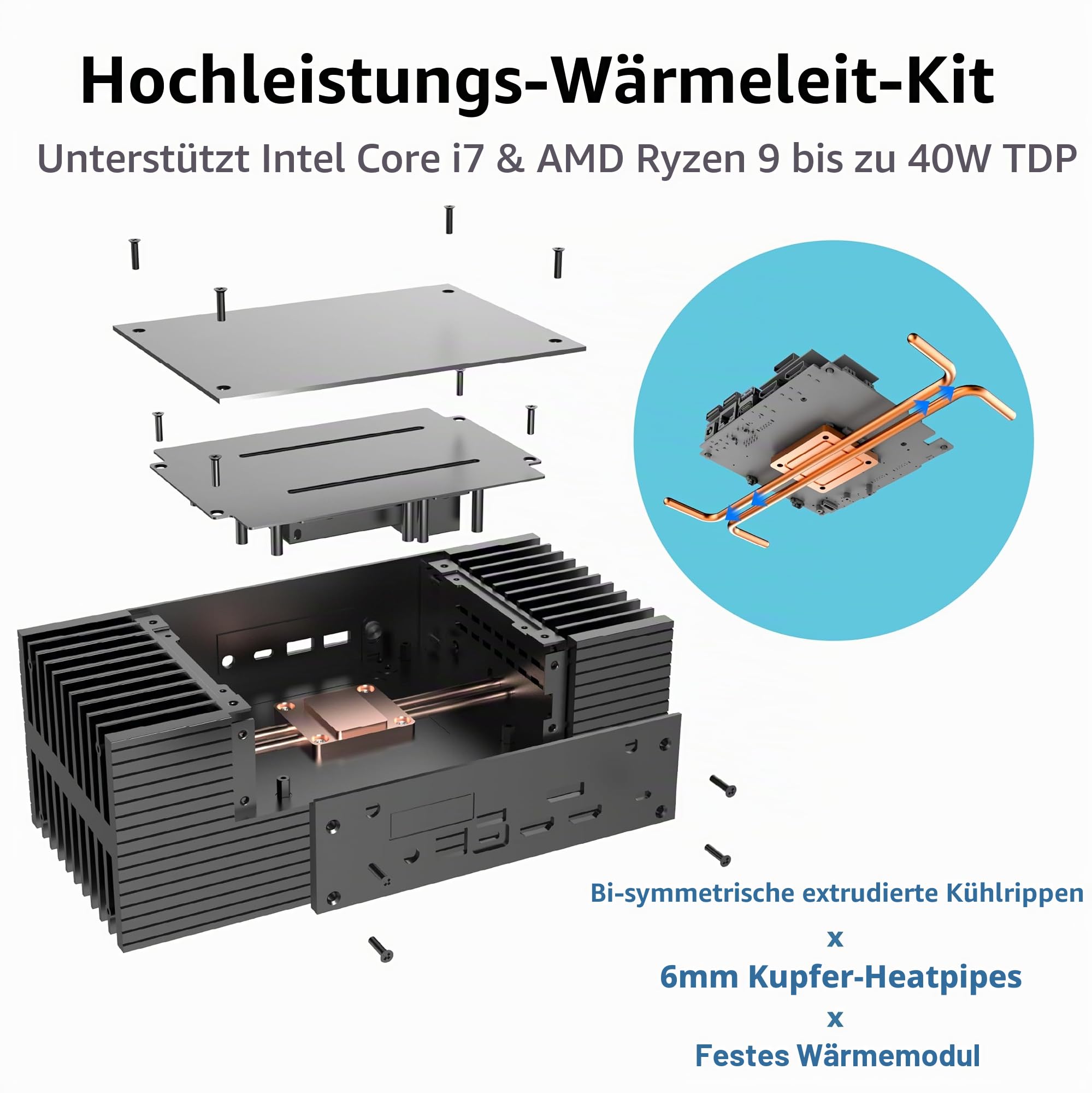 Akasa Turing Duo Pro, Designed for ASUS ExpertCenter PN53 & PN64, Aluminium Fanless NUC Case with Copper Thermal Kit, Supports up to 40W TDP, Vertical or Horizontal Placement, A-NUC99-M1B