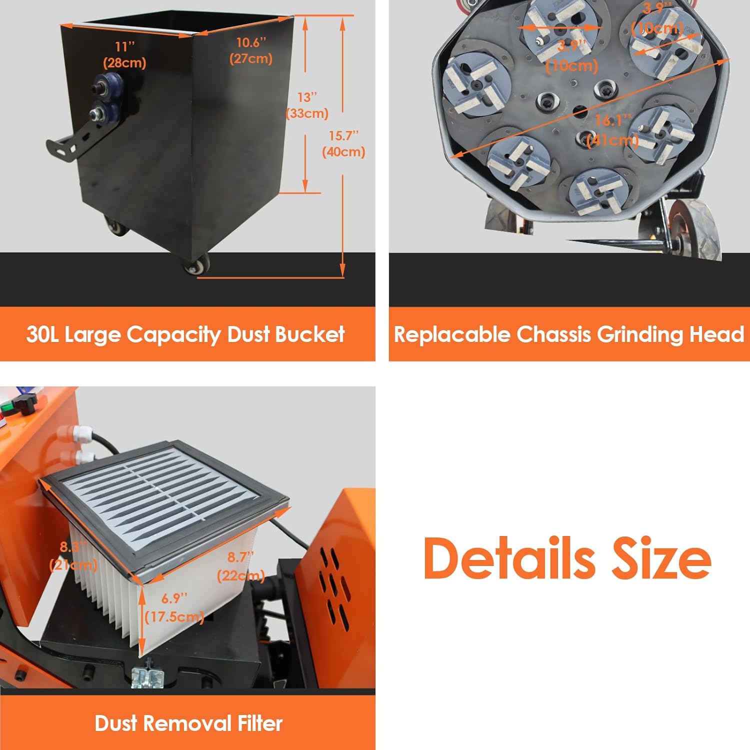 Concrete Floor Grinder Polishing Buffer Machine Cement Ground Grinder for Epoxy Terrazzo Floor with 30L Dust Bucket 6pcs Grinding Heads 220V
