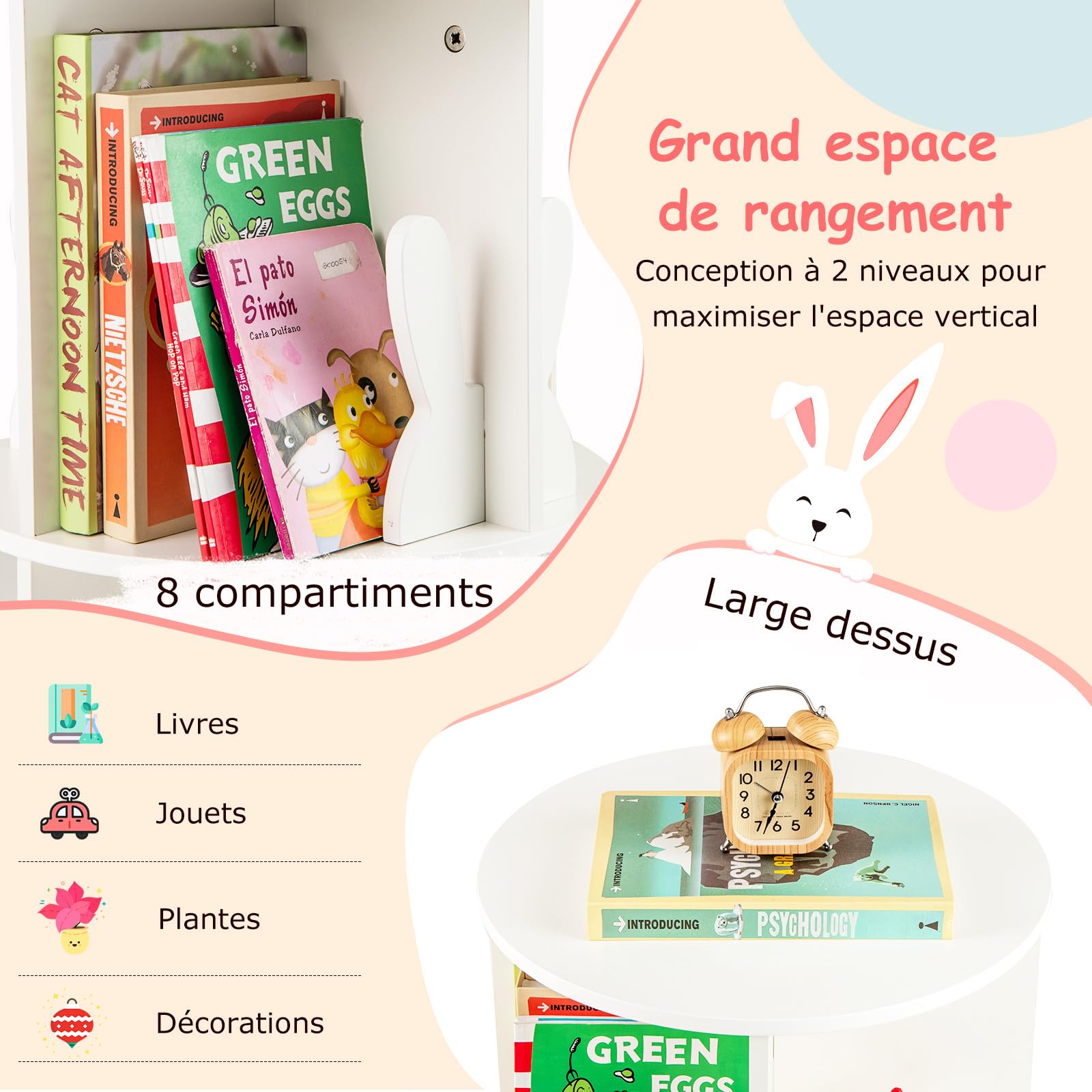 COSTWAY Bibliothèque Enfant Rotative à 360°à 2 Niveaux avec 8 Compartiments Ouverts, Étagère à Livres avec Cloisons en Forme Lapin, Patins Antidérapants pour Chambre d'enfant Salon (Blanc)