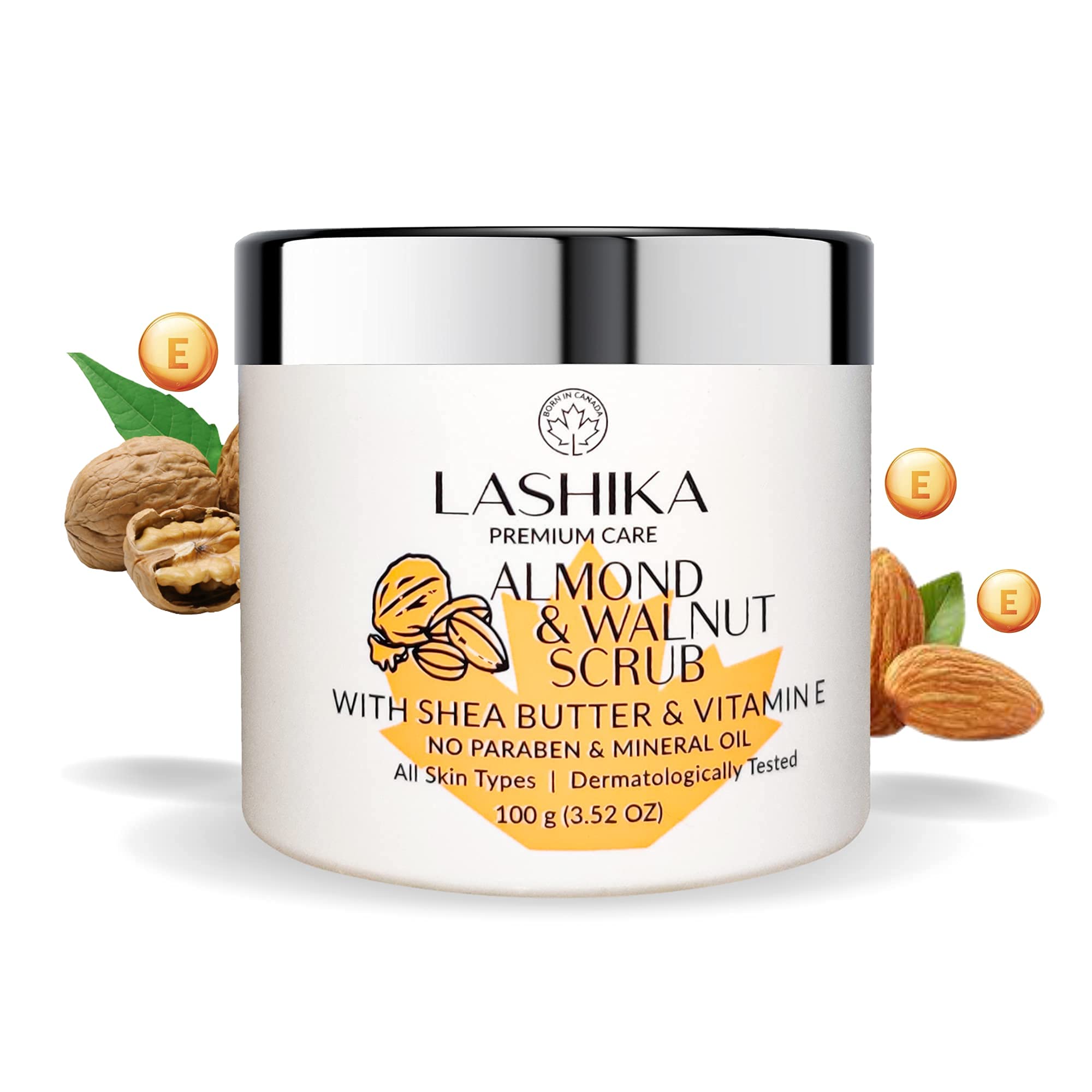 LashikaAlmond and Walnut Scrub with Shea Butter, Vitamin E for Remove Dark Spots, Clears Dead Skin Cells & Moisturise Skin, 100 g