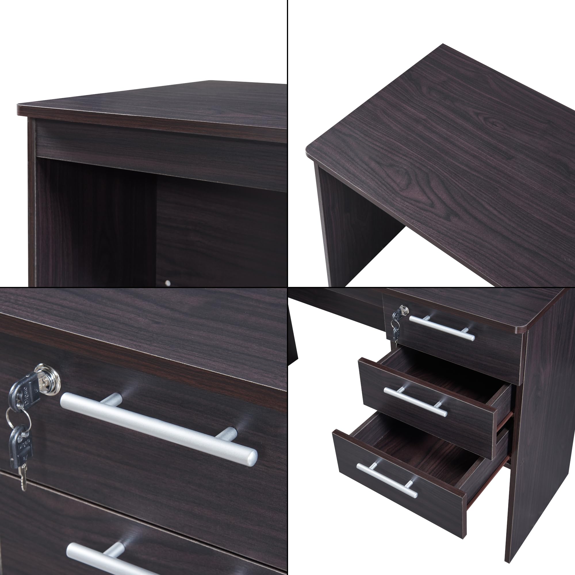 [en.casa] Scrivania con 3 Cassetti con Serratura Tavolo da Computer PC Postazione di Lavoro Tavolo da Studio 120 x 59 x 75 cm - Effetto Legno Scuro