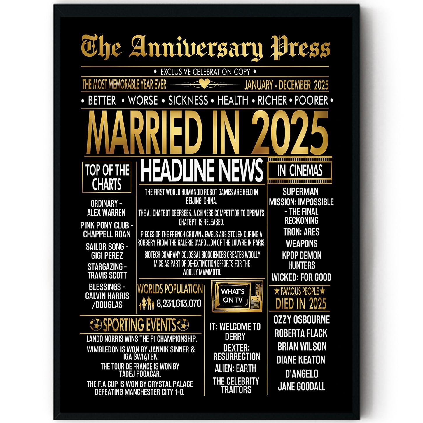 Stuff4 Men's 2025 Gold 1St Anniversary Poster Framed, Golden Married In Newspaper