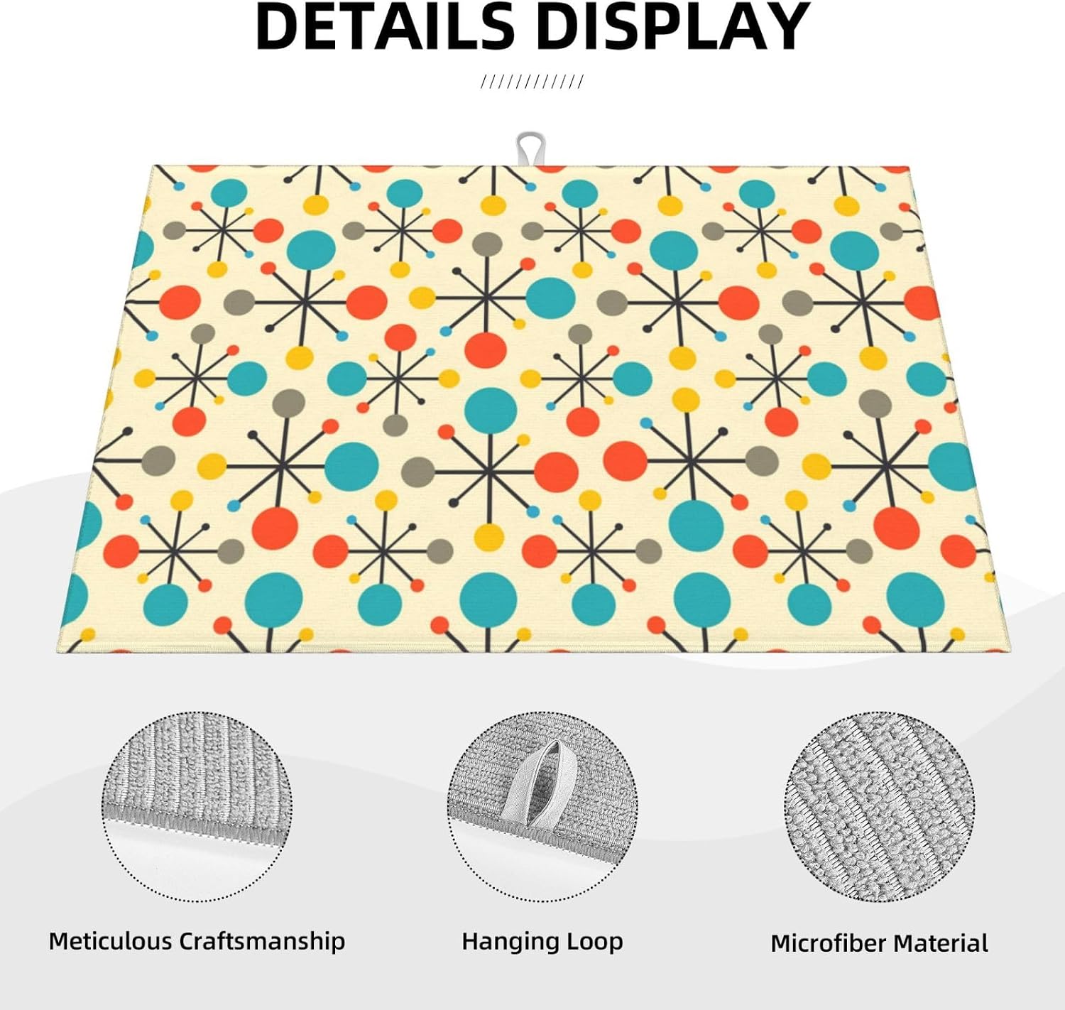 Mid Century Fifties Modern Atomic Retro Dish Drainer Mat for Kitchen Counter Yellow Decor Dish Drying Mat Washable Absorbent Coffee Drying Pad Kitchen Accessories 18"x24"
